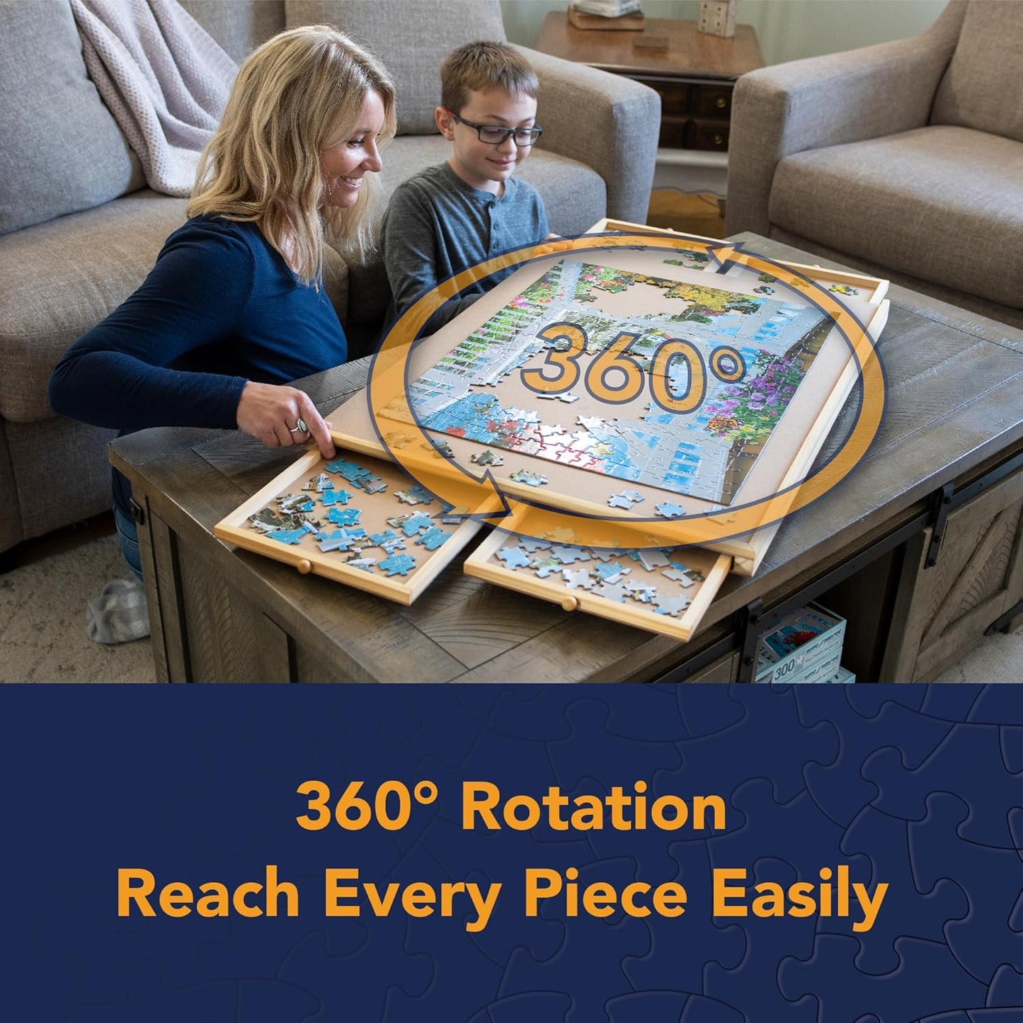 Bits and Pieces Rotating Puzzle Board with Drawers, Jigsaw Puzzle Board 1000 Pieces, 22 Inch x 30 Inch Spinning Wooden Tray Table with 4 Organizing Piece Sorting Trays, Portable, Easy Storage