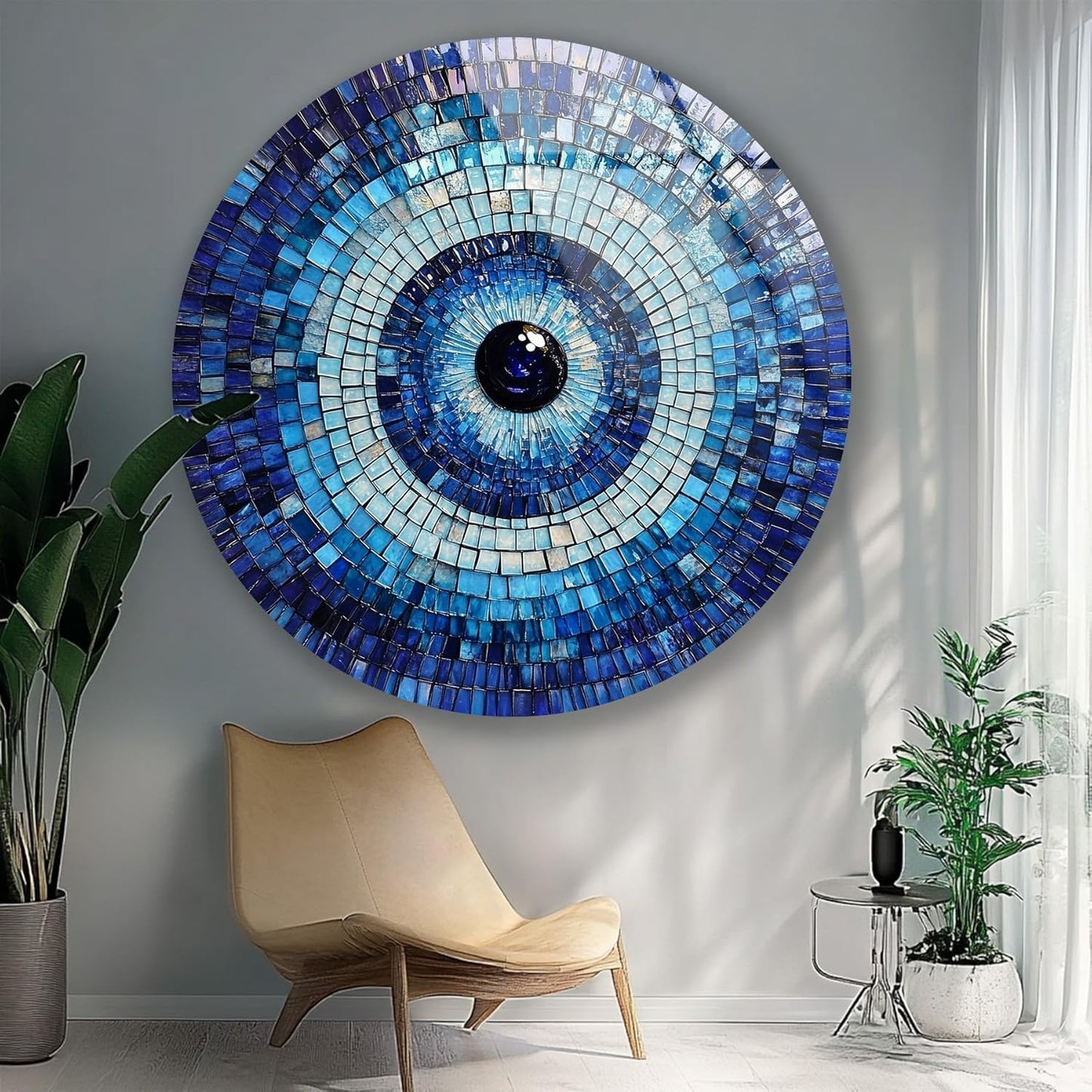 My Photostation.com 15.8''(40cm) Diameter Blue Mosaic Evil Eye Round Glass Wall Art Tempered Glass Printing Wall Decor Large Wall Art Wall Hangings