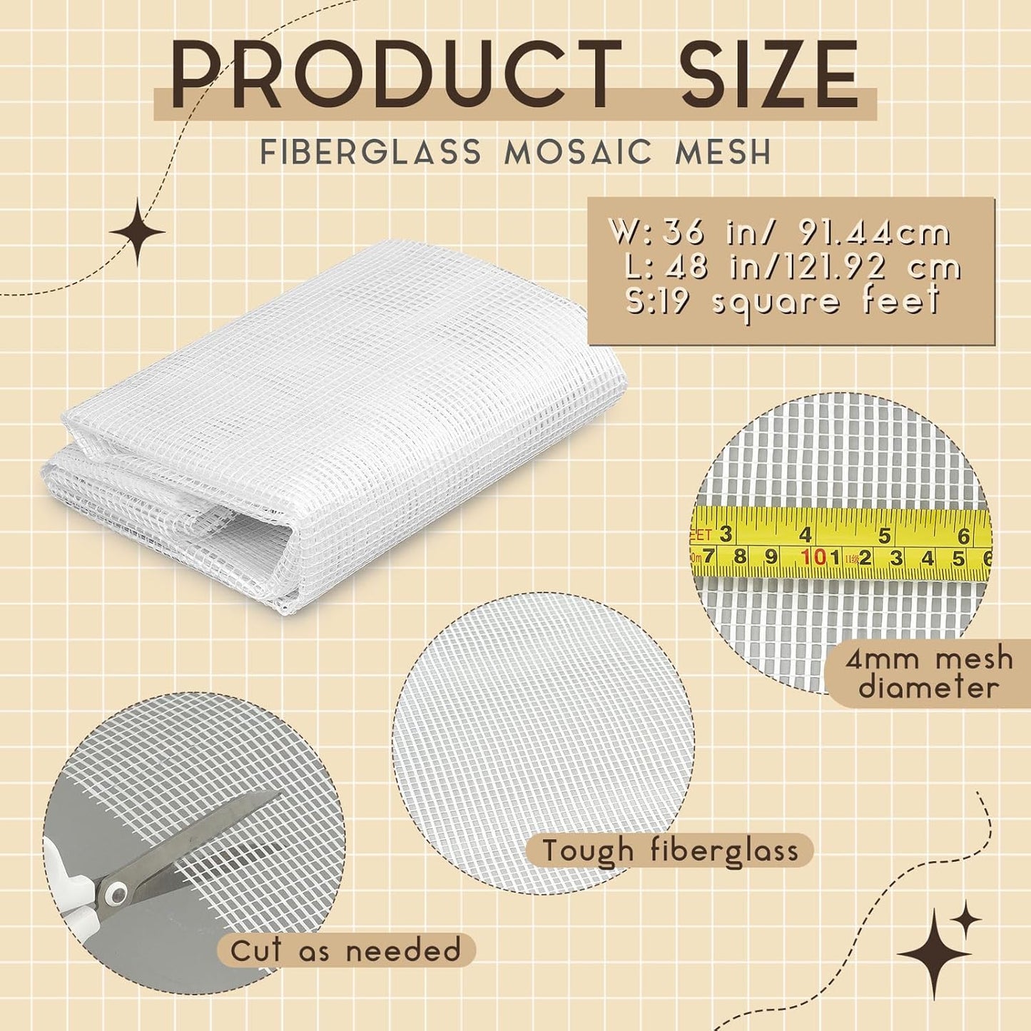 36" X 48" Mosaic Mesh for Back Mounted Tile Fiberglass Mosaic Mesh Backing Boast for Tile Installation Supplies Tools (Non Sticky)