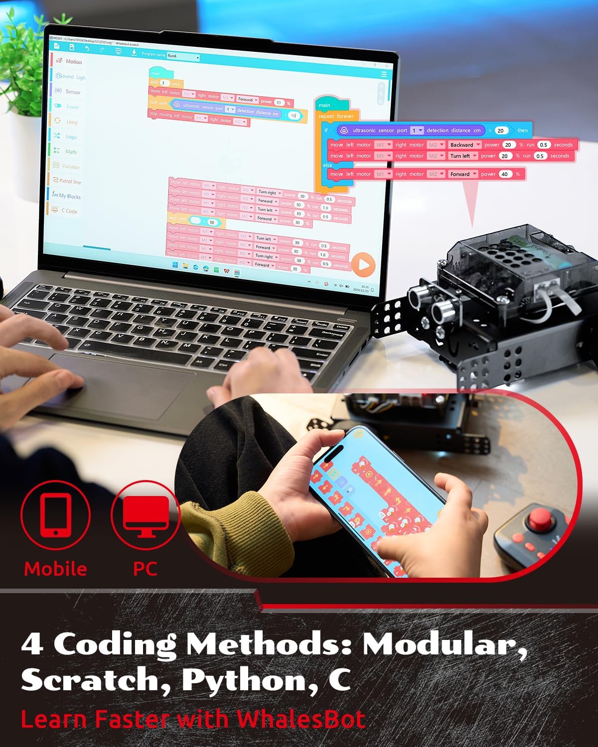 WhalesBot Rocky Smart Robot Car Coding & Remote Control Kit for Kids 8-16, STEM, Modular/Scratch/Python/C Programming, Educational Engineering Science Toy Set