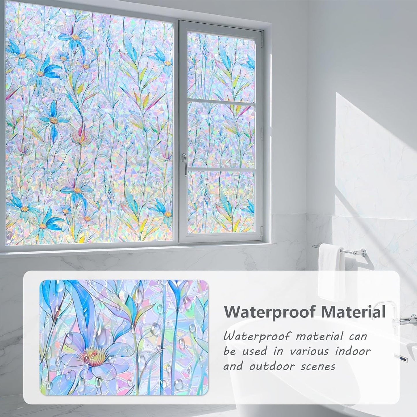FINNEZ Window Privacy Film Stain Glass Film Flowers Rainbow Window Film Window Clings Non-Adhesive Reusable Decorative for Home（Blue Lotus，23.6 Inch x 13.1 Feet）