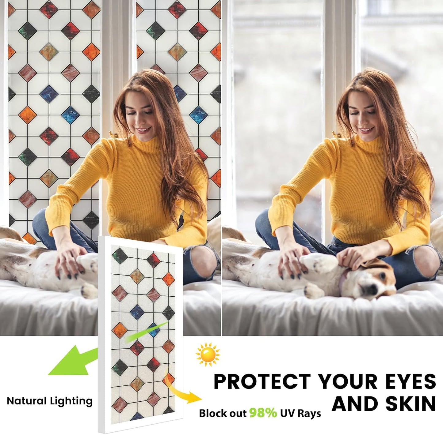 DKTIE Stained Glass Window Film Geometric Patterns, Fine Frosted Window Clings for Glass Windows, Waterproof for Bathroom Window Privacy Film Day and Night (S533, 35.4in X 118.1in)