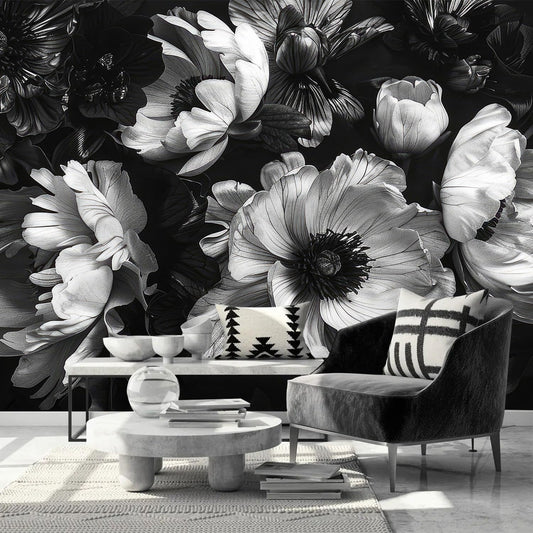 AFZEVEB-Black Peony Floral Wallpaper Vintage Large Flower Wall murals for Bedroom 136"x96"(Not Peel and Stick)