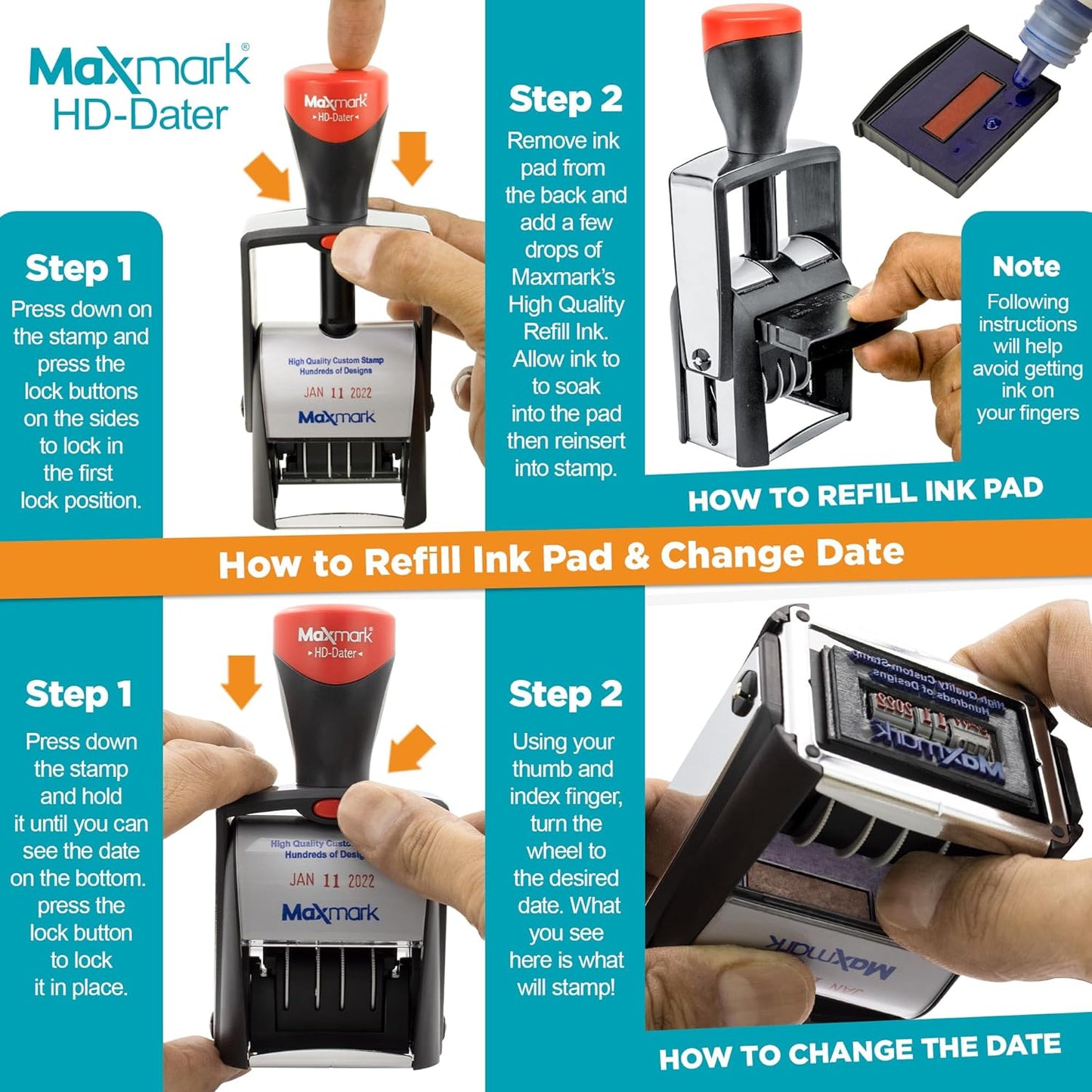 MaxMark Heavy Duty Self Inking Date Stamp with Phrase Approved - Red Ink