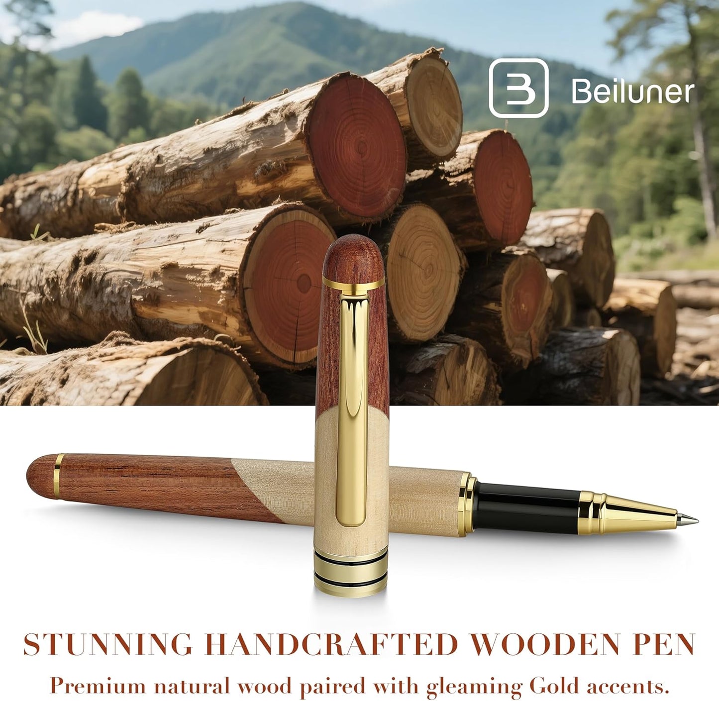 BEILUNER Luxury Wood Ballpoint Pen Writing Set,Maple-Elegant Fancy Nice Gift Pen Set for Signature Calligraphy Office Fancy Nice Supplies - Christmas Gift Boxed with Extra Refills (Black)
