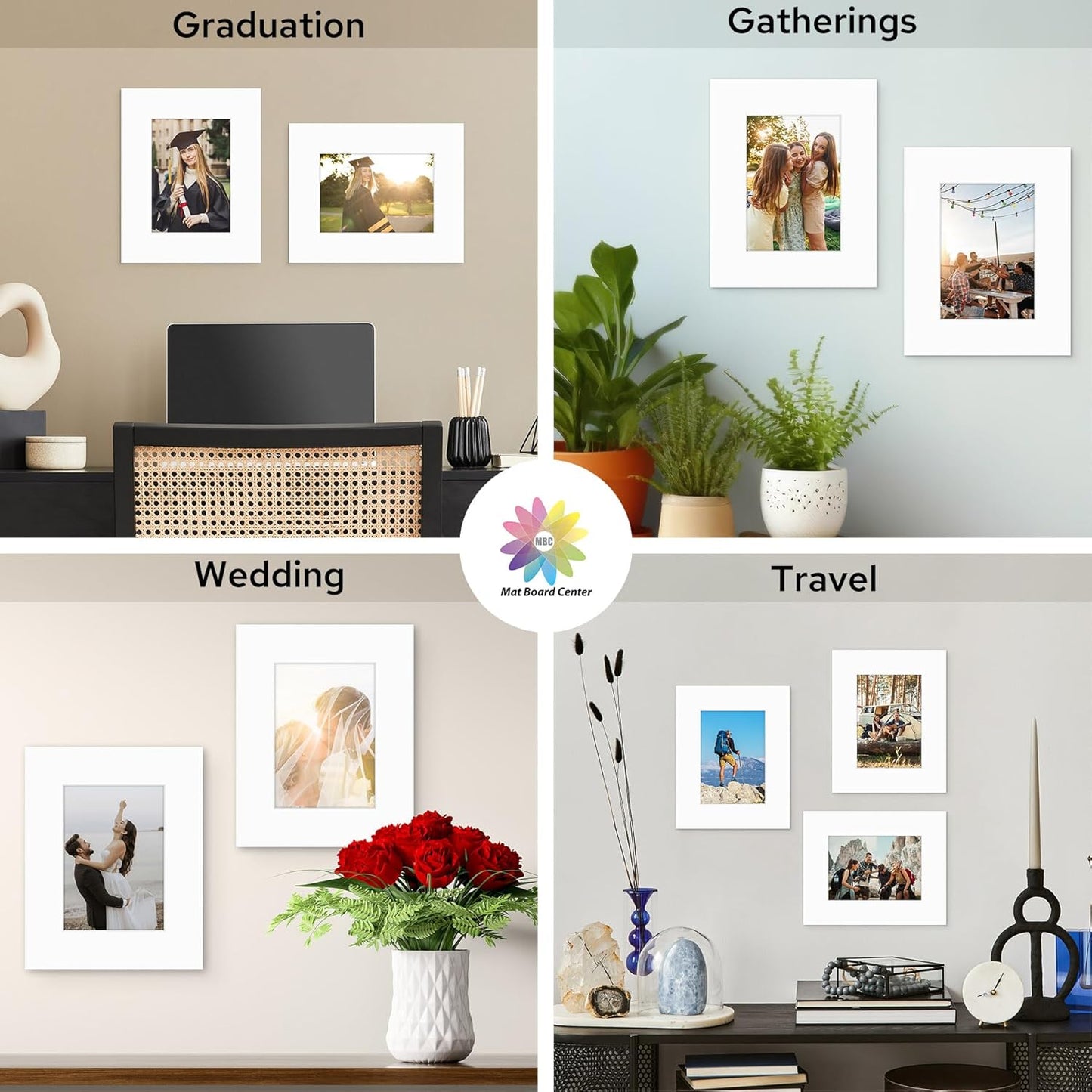 Mat Board Center, 8x10 White Mats for 5x7 Pictures - Acid Free, 4-ply Thickness, White Core, Bevel Cut - for Artworks, Photos, Framing - Pack of 12