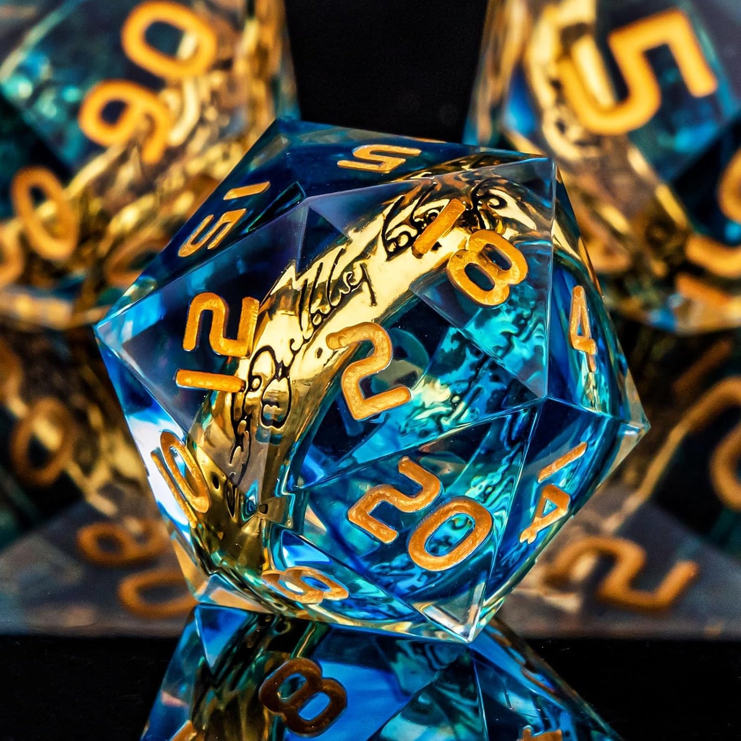 OUKELANWO Magic Lord Rings DND Dice Set with Box, 7Pcs Resin LOTR D&D Dice Set for Role Playing Game, Blue Gold Dungeons Dragons D and D Sharp Edge Dice D20 D12 D10 D8 D6 D4