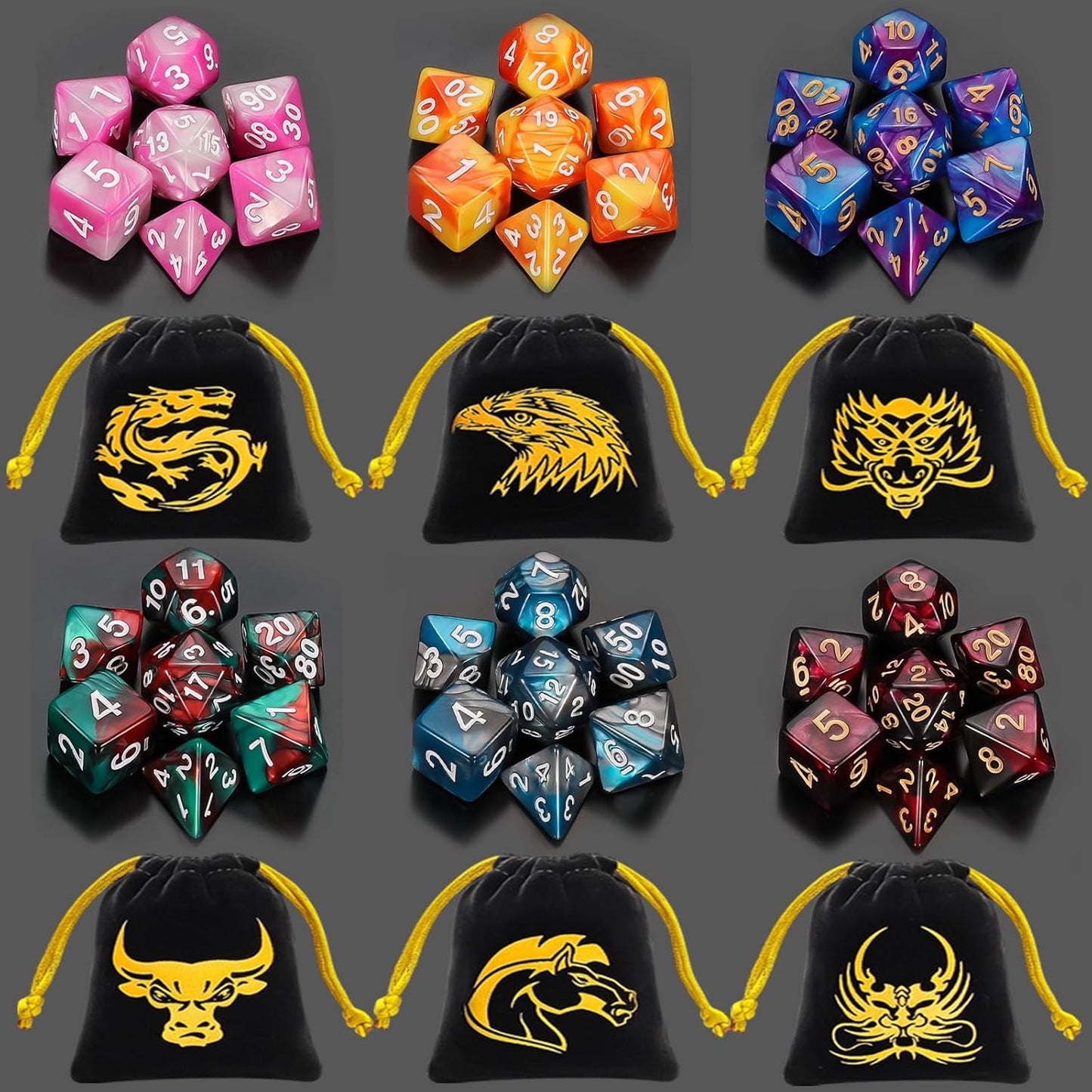 QMay DND Dice Sets - 6 X 7 Polyhedral Dice (42pcs) with 6 Drawstring Bags for Dungeons and Dragons, RPG, MTG,Role Playing Table Game