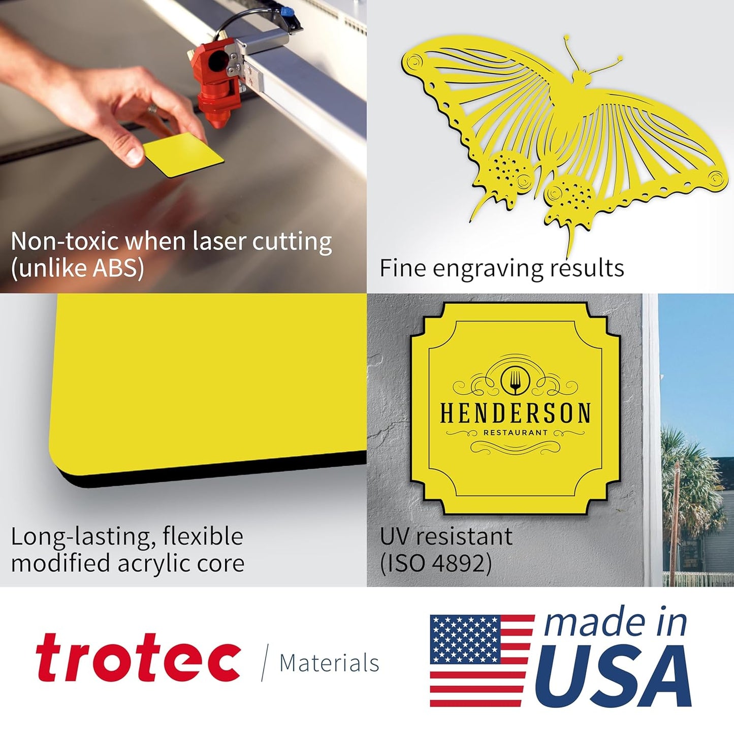 Trotec TroLase | 12"x12"x1/8", 8 Pcs | Yellow/Black| 2 Ply | Modified Acrylic | Laser Engraving Double Color Plastic Sheet | Engraving Blanks for Laser, Saw, Guillotine | Made in USA