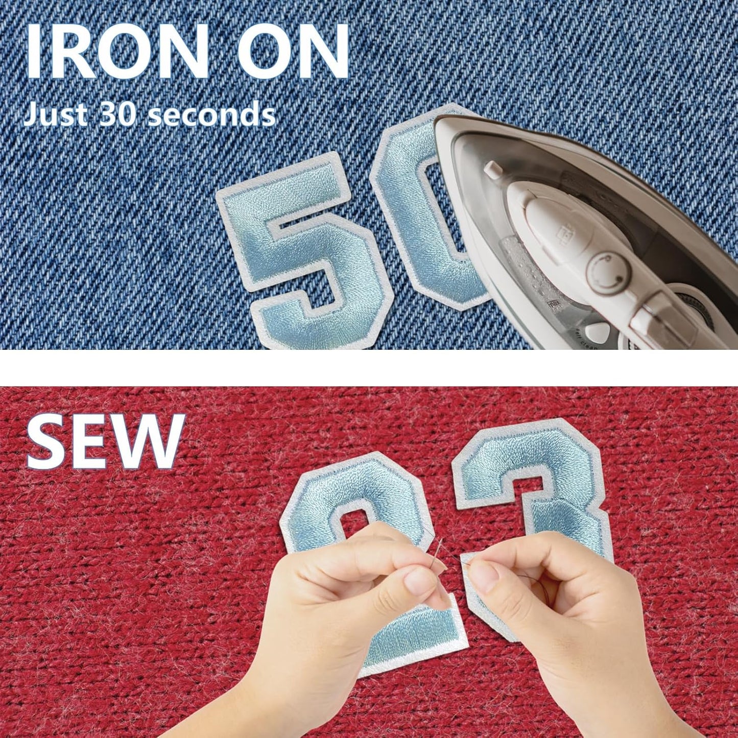 Number Iron On Patches, Numbers 0-9 Embroidery Applique Patch, DIY Decorative Heat Press Patches for Clothing Jeans Jackets Backpacks Hats (Light Blue 50 Pcs)