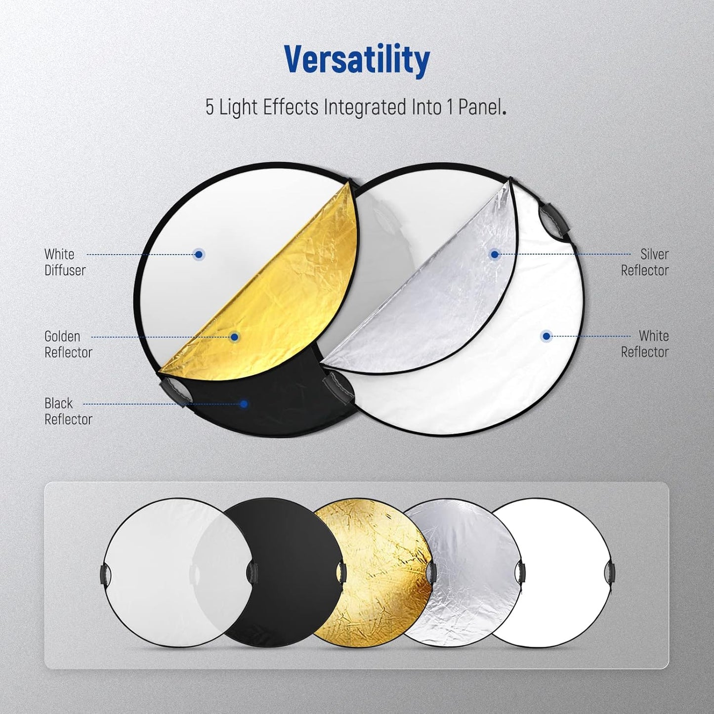 NEEWER 80cm Light Reflector with Handle & 3/8" Thread, 5 in 1 Foldable Round Light Diffuser, Translucent/Silver/Gold/White/Black for Studio or Outdoor Photo Lighting, RF-80II