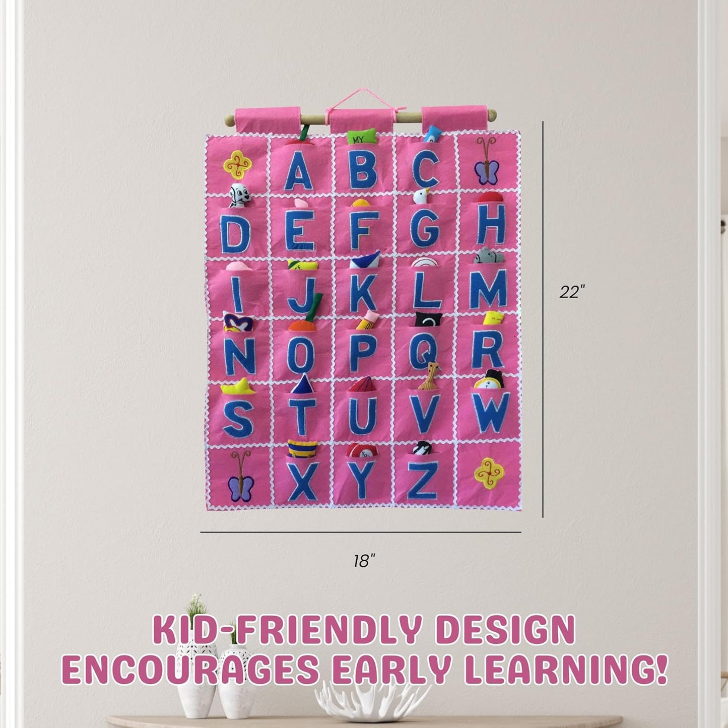 Pockets of Learning Pink ABC Felt Wall Hanging Chart - Early Education Alphabet Fabric Wall Décor for Children's Room | Engaging Educational Learning Art for Kids with Fabric Objects in Pocket