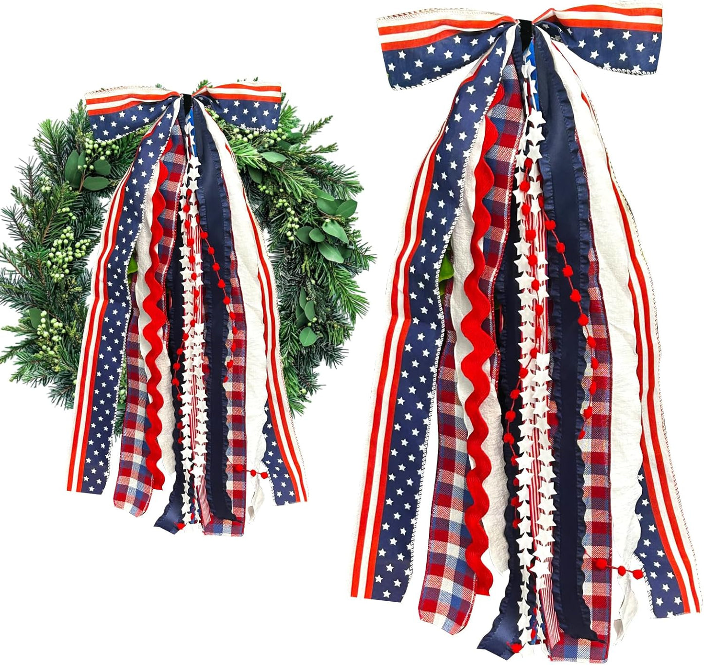 Large Patriotic Star Ribbon Bow for Wreath, Red White Buffalo Plaid Fabric Ribbons Set Assorted Lace Ribbon 4th of July Clip-On Wreath Sash Ribbons Bundle for Patriotic Indoor Outdoor Decor