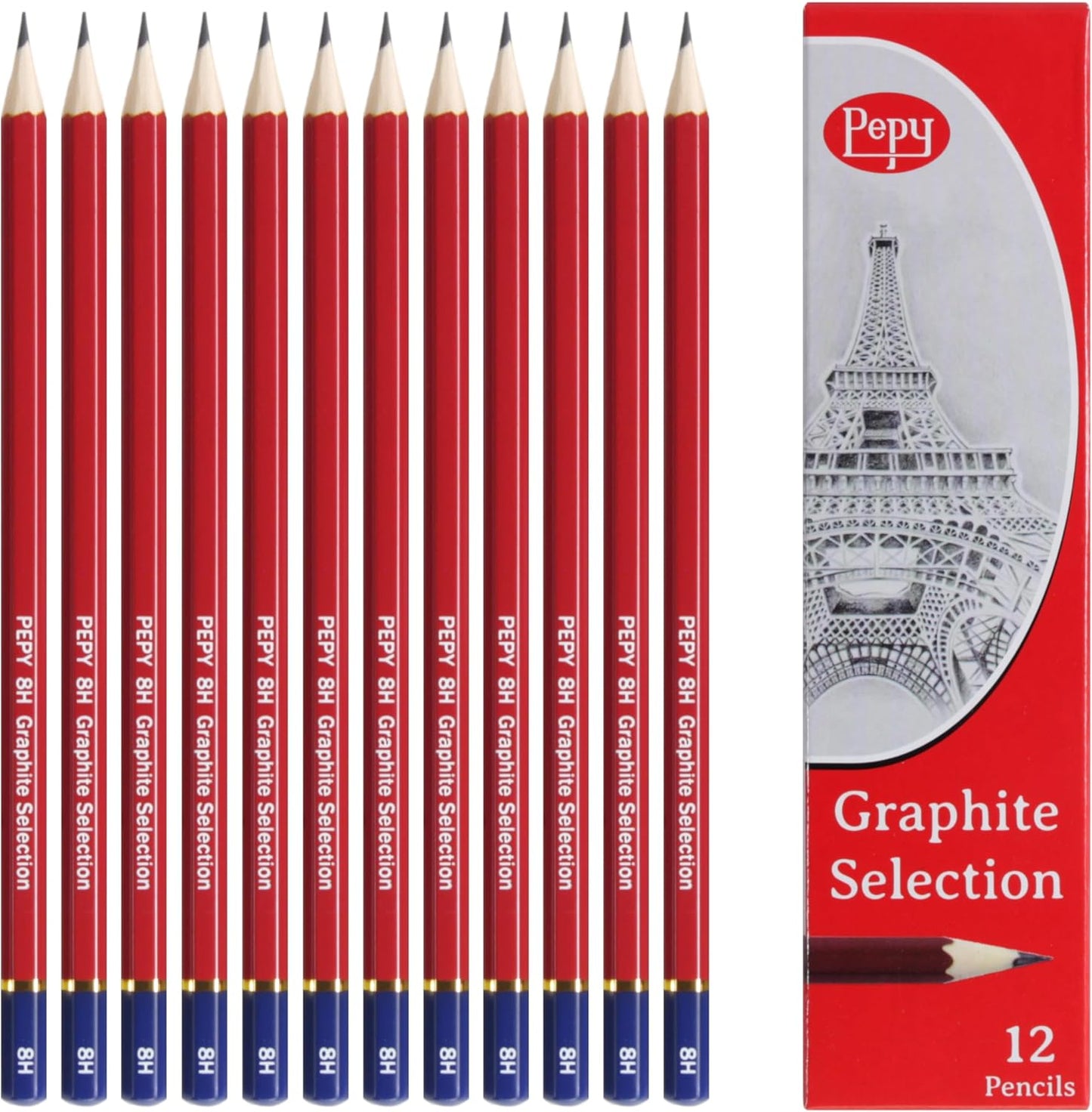 Pepy Graphite Professional Drawing Pencils - Set of 12 8H Pre-Sharpened Black Lead Pencils; Perfect for Drawing, Sketching and Shading, Graphic and Fine Art