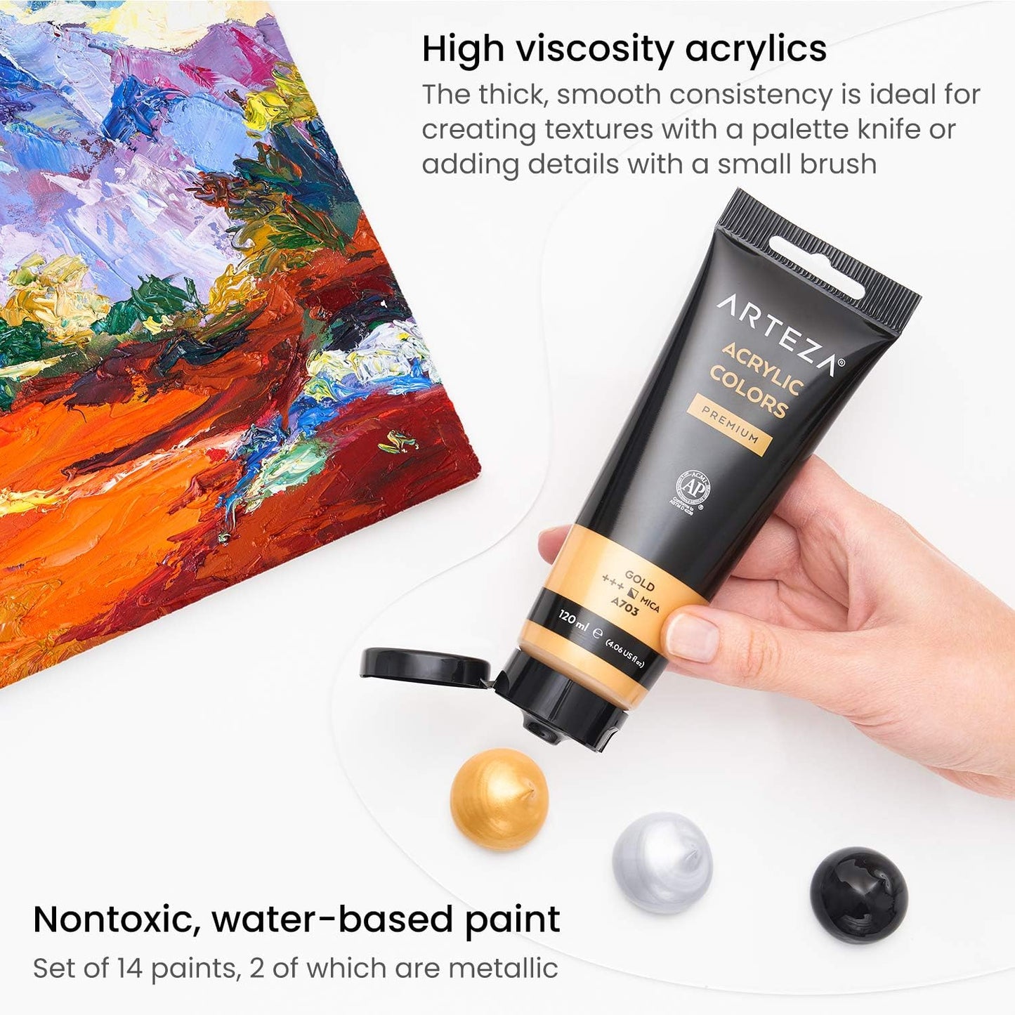 ARTEZA Acrylic Paint Set of 14 Colors, 4.06 Ounce Tubes, Non-Toxic Acrylic Artist Paints. Art Supplies for Painting