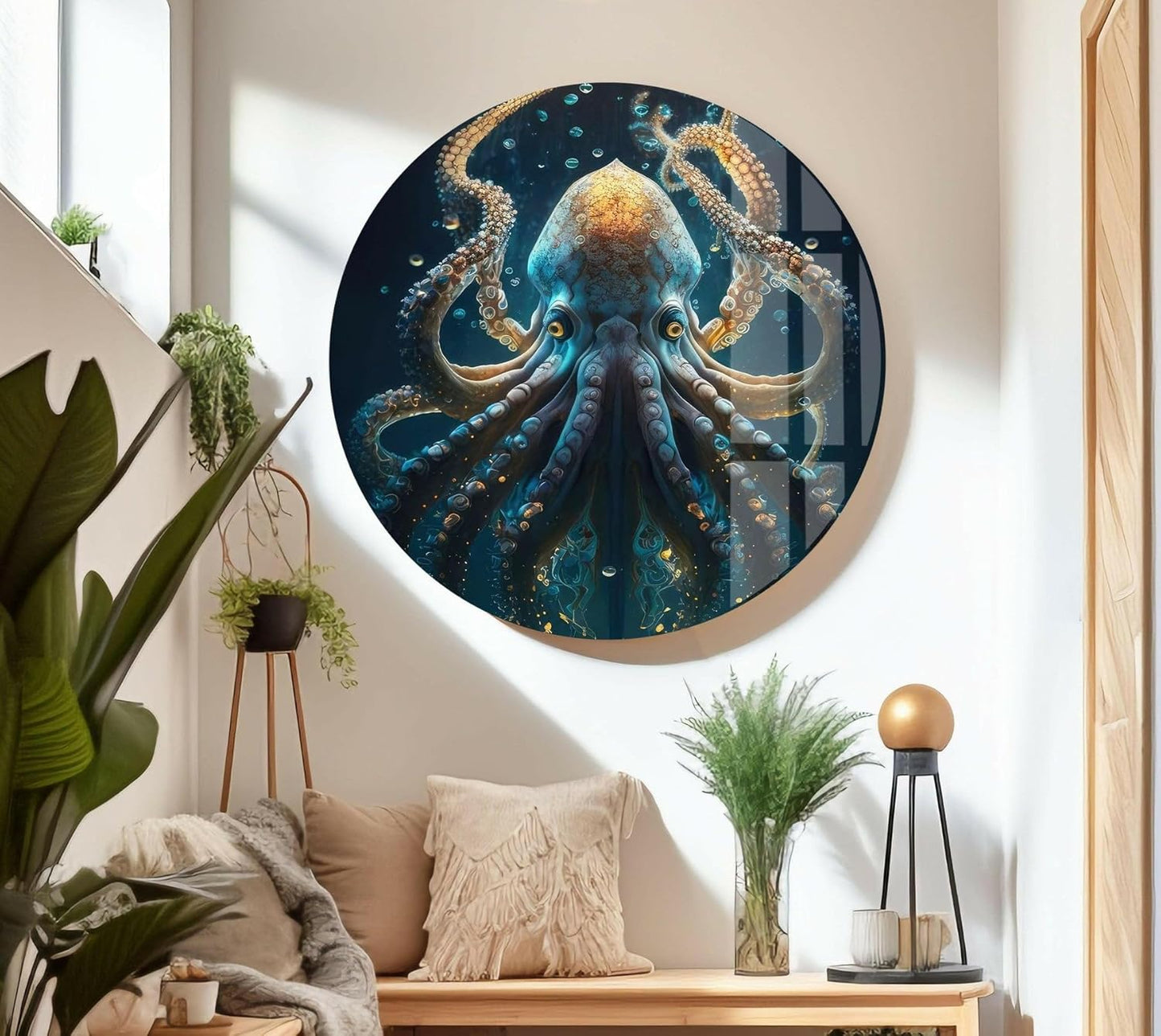 My Photostation.com 18Wx28H'' Underwater Blue Octopus Glass Wall Art Tempered Glass Printing Wall Decor Large Wall Art Wall Hangings