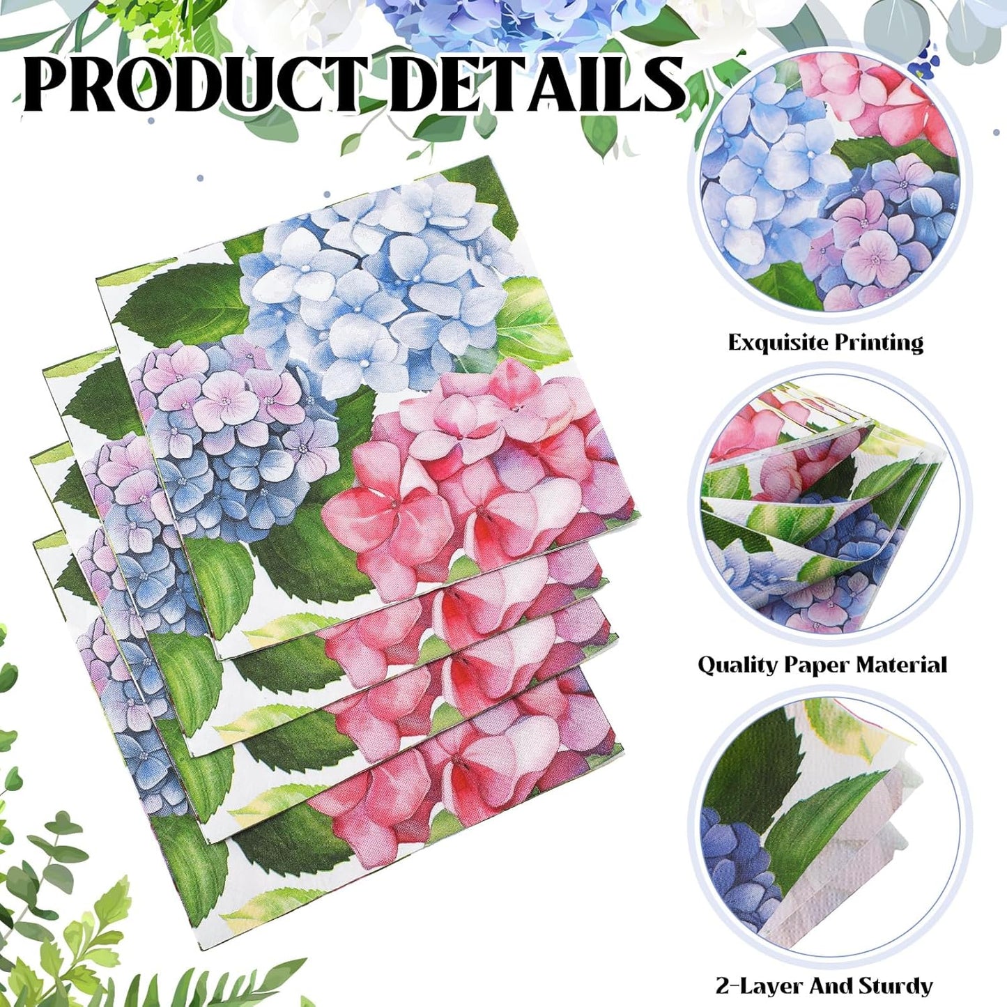 60 Pcs Hydrangea Cocktail Paper Napkins 6.5 x 6.5 Inches Disposable Paper Napkins Dessert Beverage Napkin for Decoupage Luncheon Napkin for Party Wedding Birthday Party