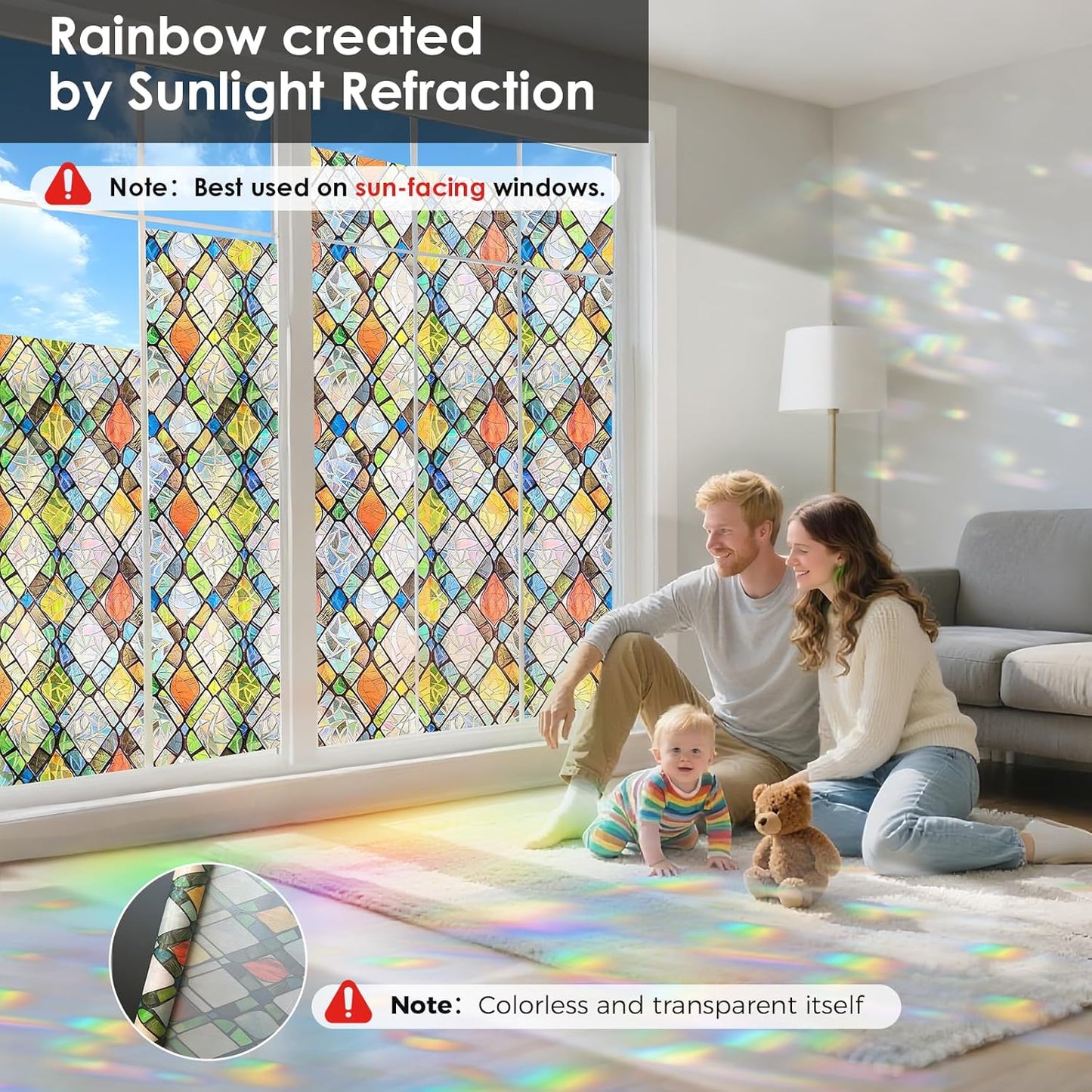 Window Privacy Film Rainbow Film Stained Glass 3D Static Cling Decorative Window Sticker for Bathroom,Front Door,Home Heat Control UV Blocking Non Adhesive,Diamond Grid 23.6 x 78.7inches