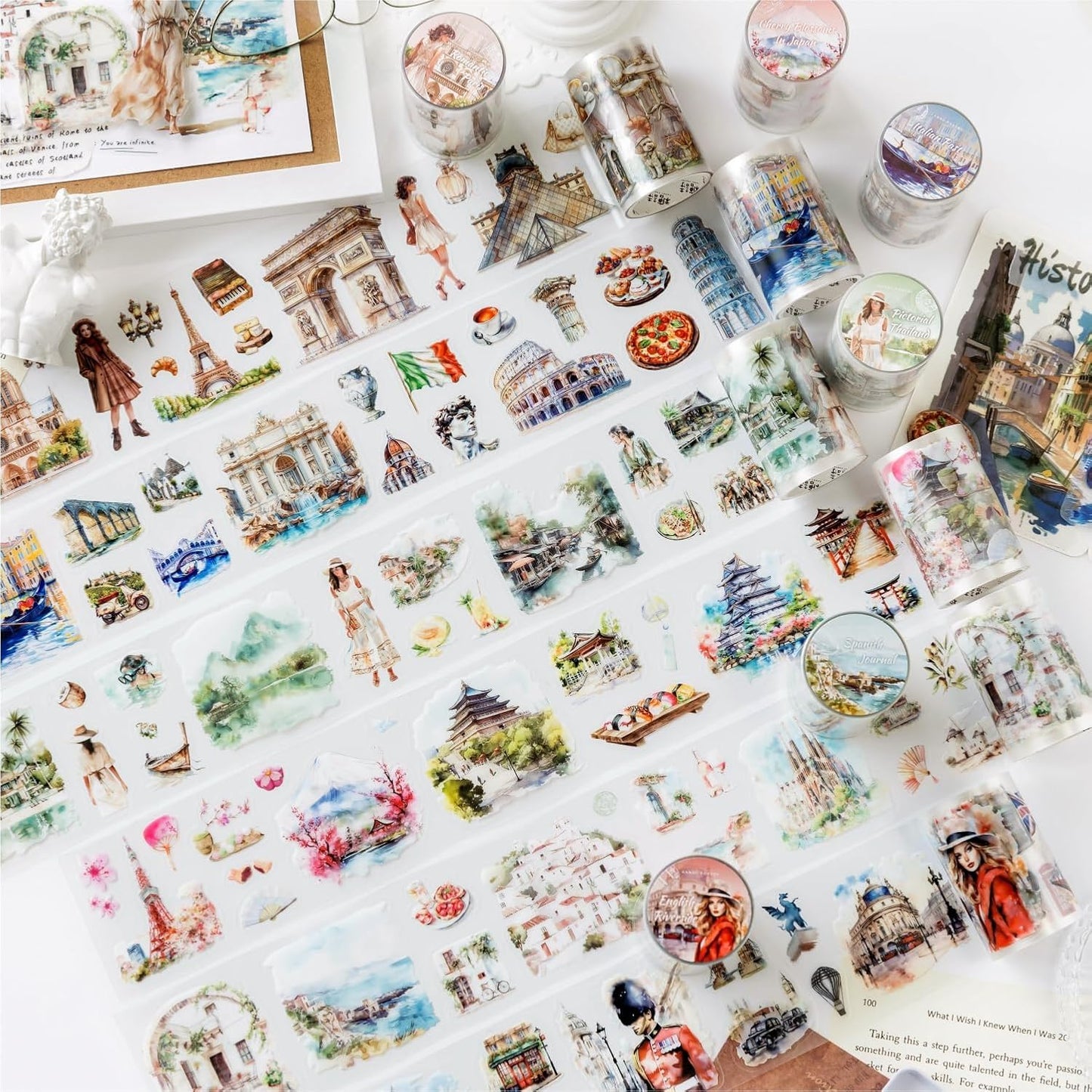6 Rolls PET Tape Stickers for Scrapbook Supplies,Self-Adhesive Travel Theme Washi Tape for Junk Journal Supplies,Journaling,Scrapbooking,DIY Craft,Notebook(Travelling)