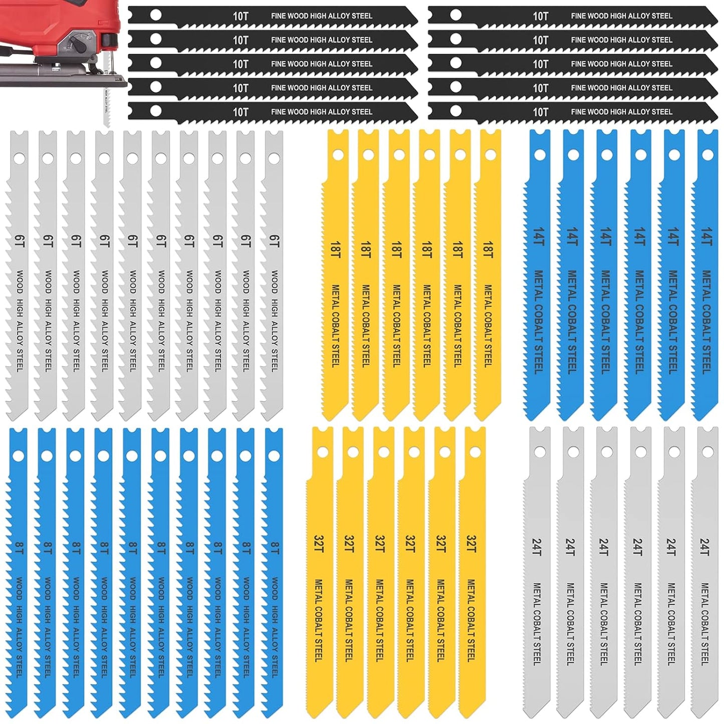 54Pcs Jig Saw Blade Set High Carbon Steel Assorted Saw Blades with U-Shank Sharp Fast Cut Down Jigsaw Blade Woodworking Tool for Wood Metal Plastic Cutting