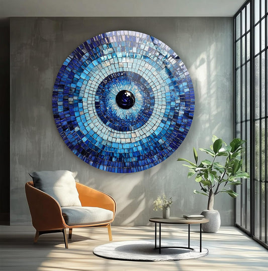 My Photostation.com 24''(60cm) Diameter Blue Mosaic Evil Eye Round Glass Wall Art Tempered Glass Printing Wall Decor Large Wall Art Wall Hangings