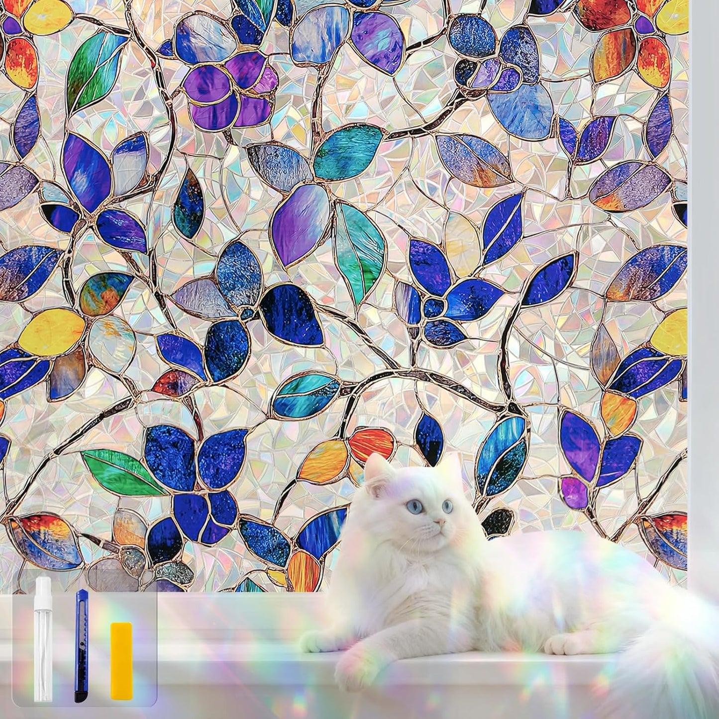 Stained Glass Window Privacy Film Decorative Rainbow Static Clings – Ideal for Home & Office, Adhesive-Free, Removable, UV-Blocking(Purple Rainbow, 23.6 X 78.7 in)