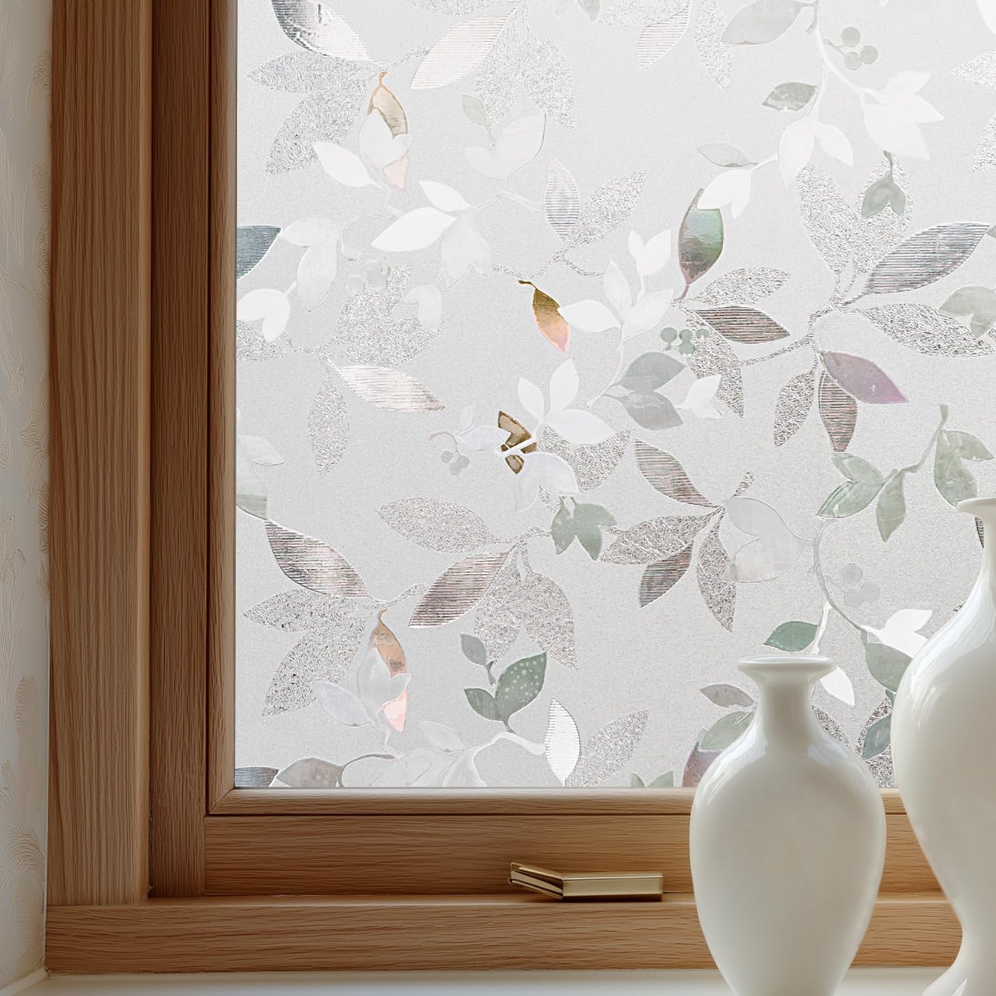 Window Privacy Film Decorative for Front Door, Bathroom Static Cling Stained Glass Sticker Opaque Heat Control UV Blocking Non-Adhesive for Home Windows, Magnolia