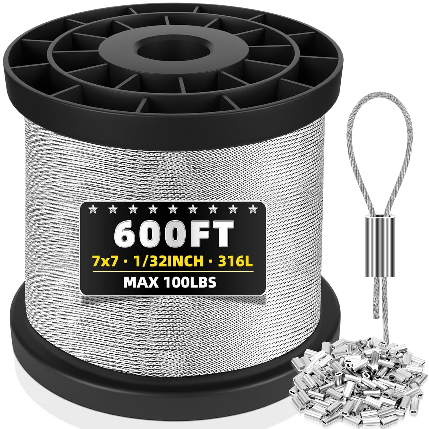 316 Stainless Steel Cable, 600FT 1/32IN Wire Rope with 150Pcs Aluminum Sleeves Stops, for String Lights Hanging, Clotheslines, Trellis Wire