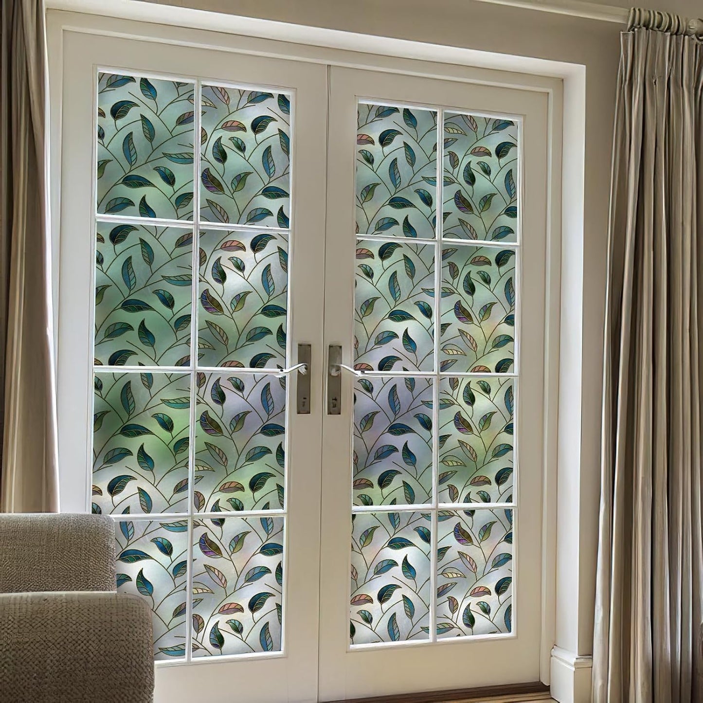 DKTIE Static Cling Decorative Window Film Vinyl Non Adhesive Privacy Film with Installation Kit, Multilayer UV Inkjet Technology, 3D Thickened Stained Film, Vintage Leaf Pattern, 35.4 x 78.7 Inches