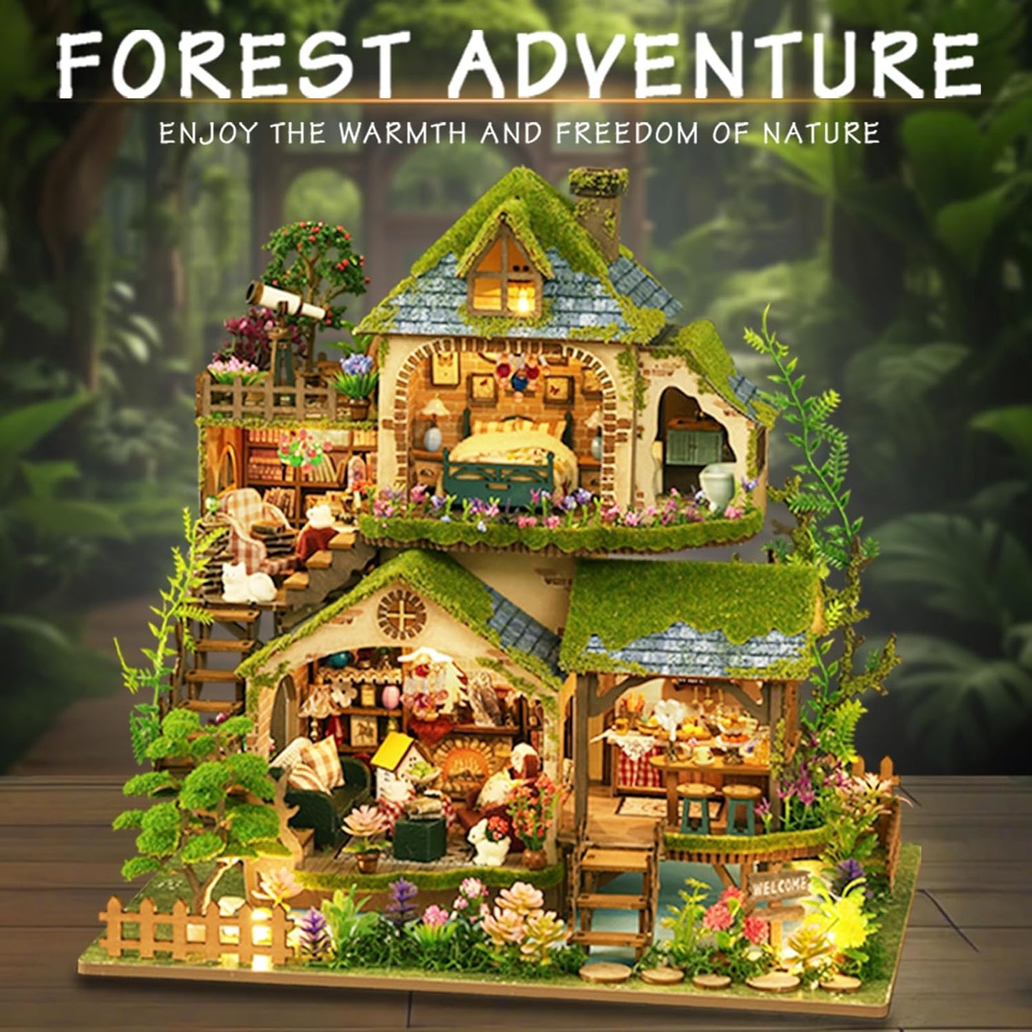 DIY Miniature House Kit, Mini House Building Kit with LED, DIY Miniature Kit for Adults Teen, Dollhouse Kit, Forest Adventure