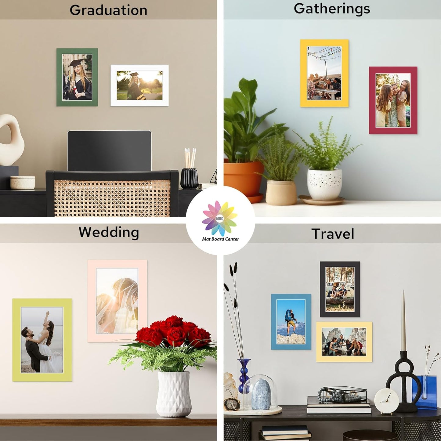 Mat Board Center, 5X7 Mix Color Mats for 4X6 Pictures - Acid Free, 4-Ply Thickness, White Core, Bevel Cut - for Artworks, Photos, Framing - Pack of 12
