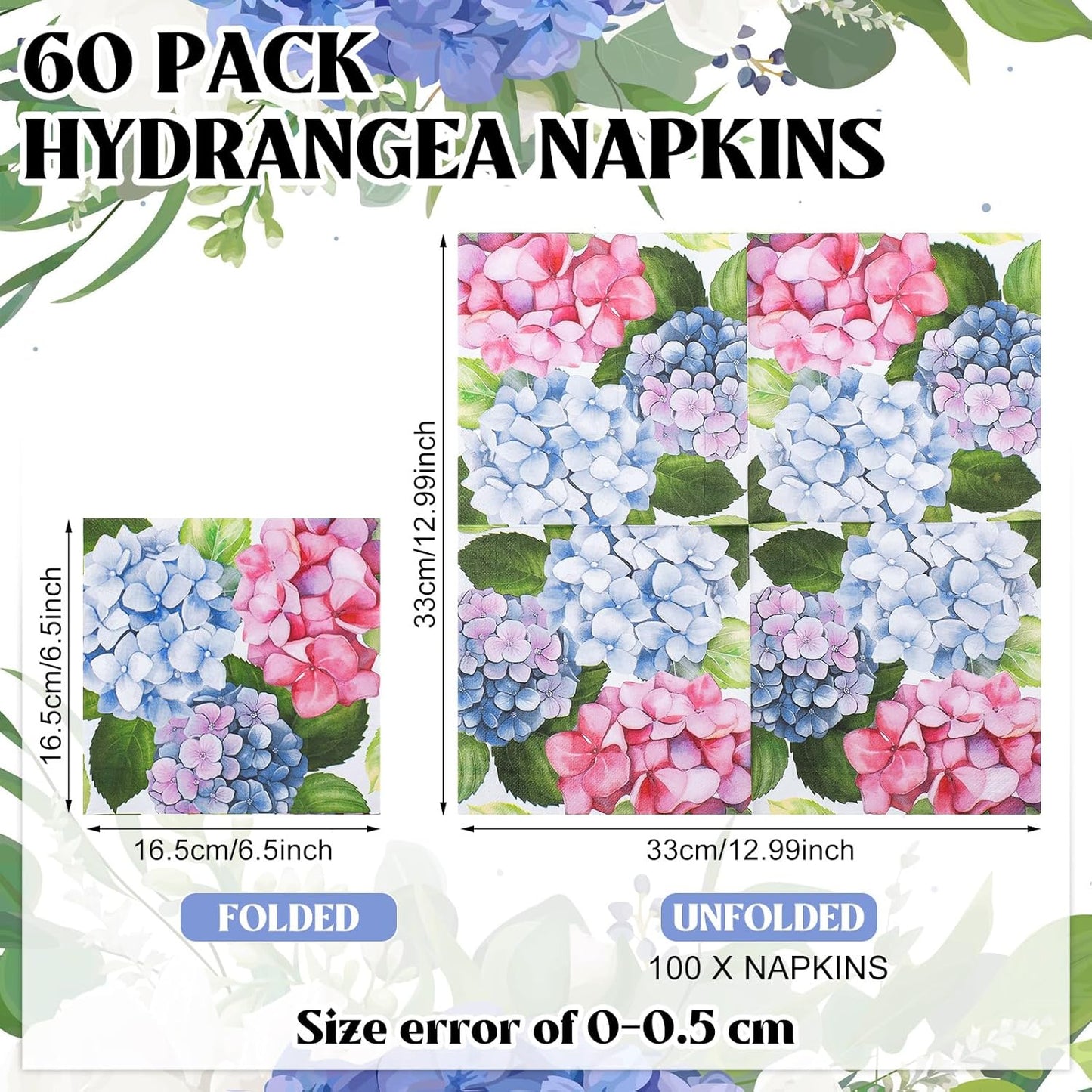 60 Pcs Hydrangea Cocktail Paper Napkins 6.5 x 6.5 Inches Disposable Paper Napkins Dessert Beverage Napkin for Decoupage Luncheon Napkin for Party Wedding Birthday Party