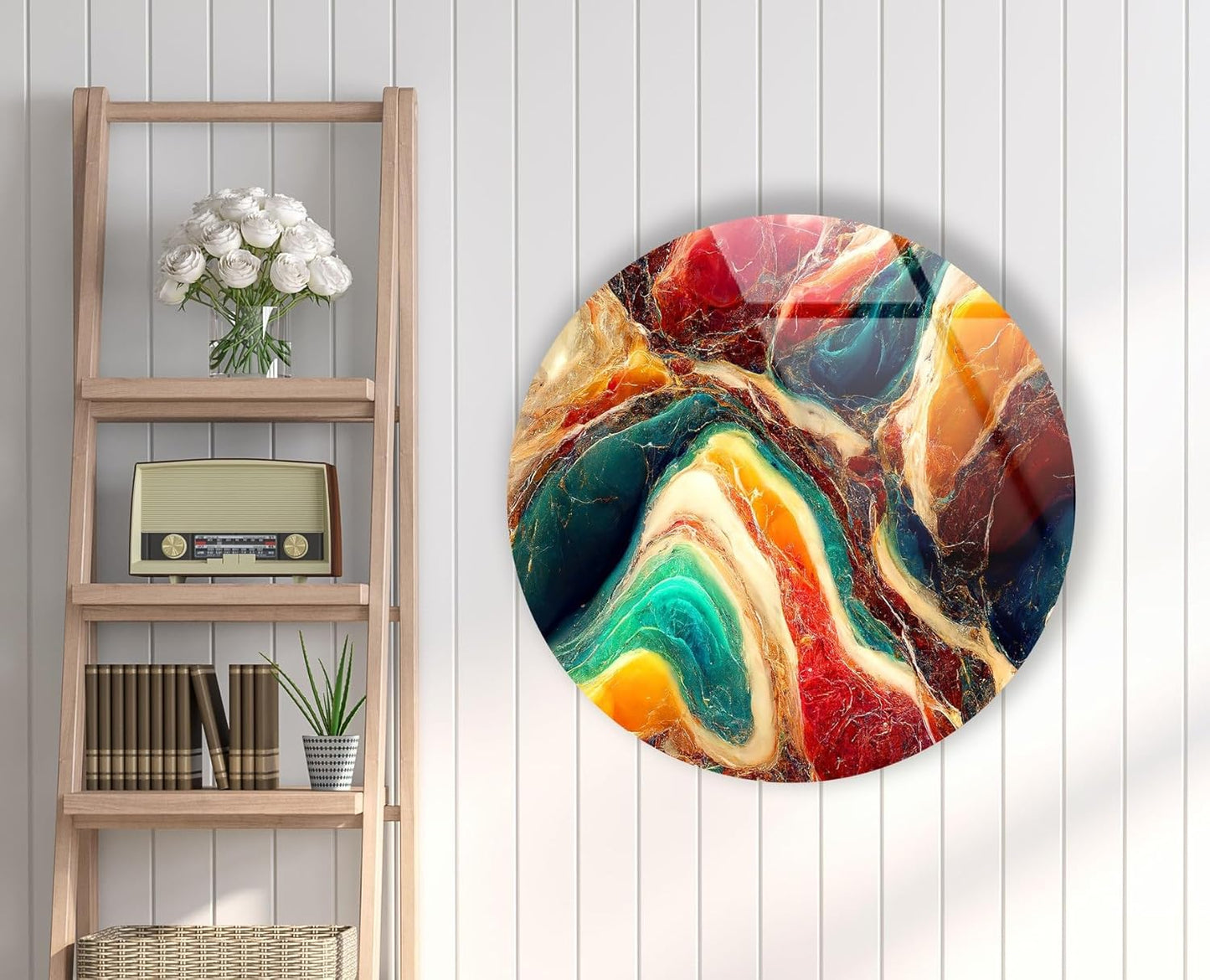 My Photostation.com 27.5''(70cm) Diameter Colorful Marble Swirl Round Wall Art Abstract Glass Decor with Earthy Tones & Gemstone Texture
