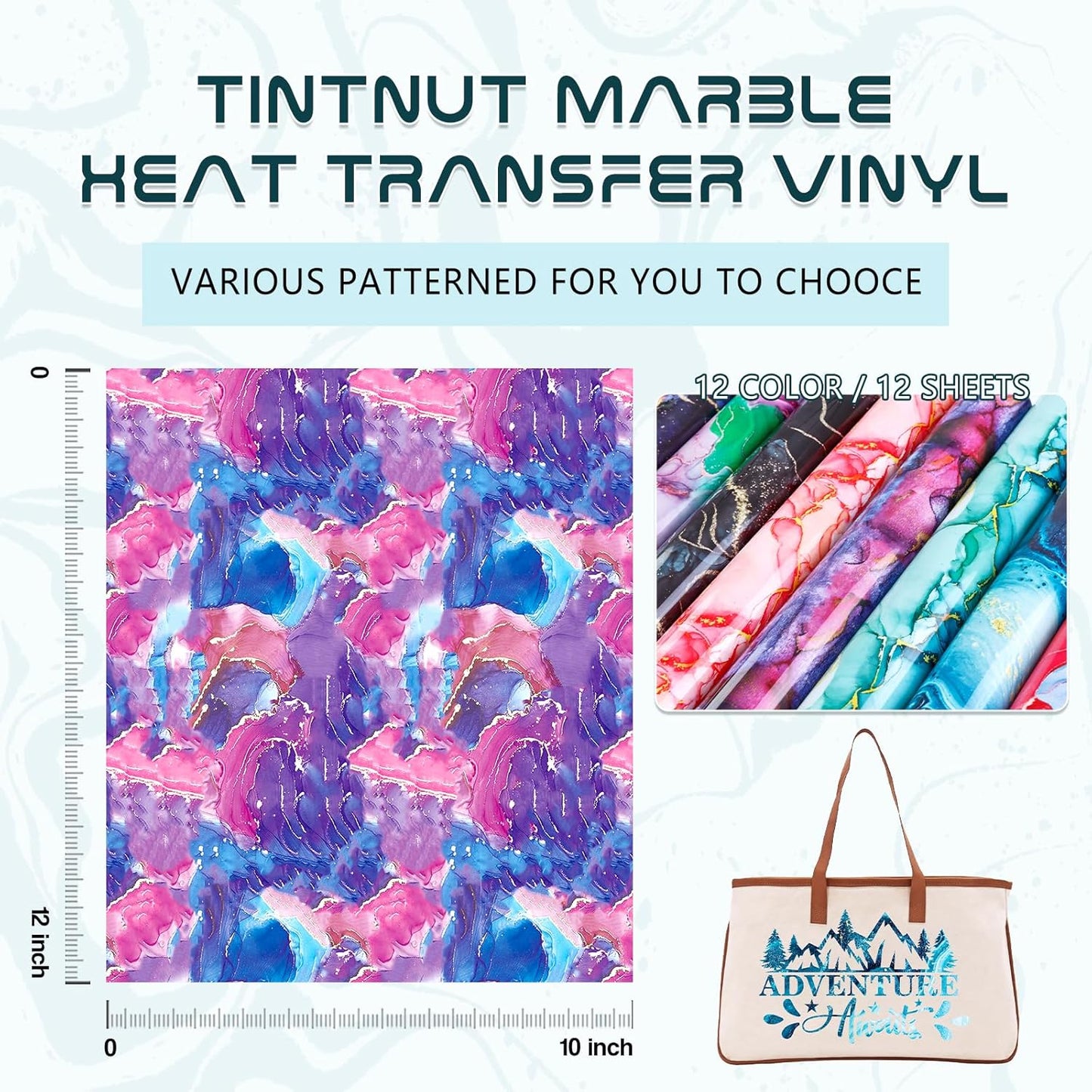 Tintnut Marble Heat Transfer Vinyl - 12 Sheets 10 x 12 Inch Bundles Watercolor Gold Pattern Iron on Vinyl Opal Ombre Print HTV Transfer DIY T-Shirt Gift Canvas Bag for Cricut or Silhouette Cameo