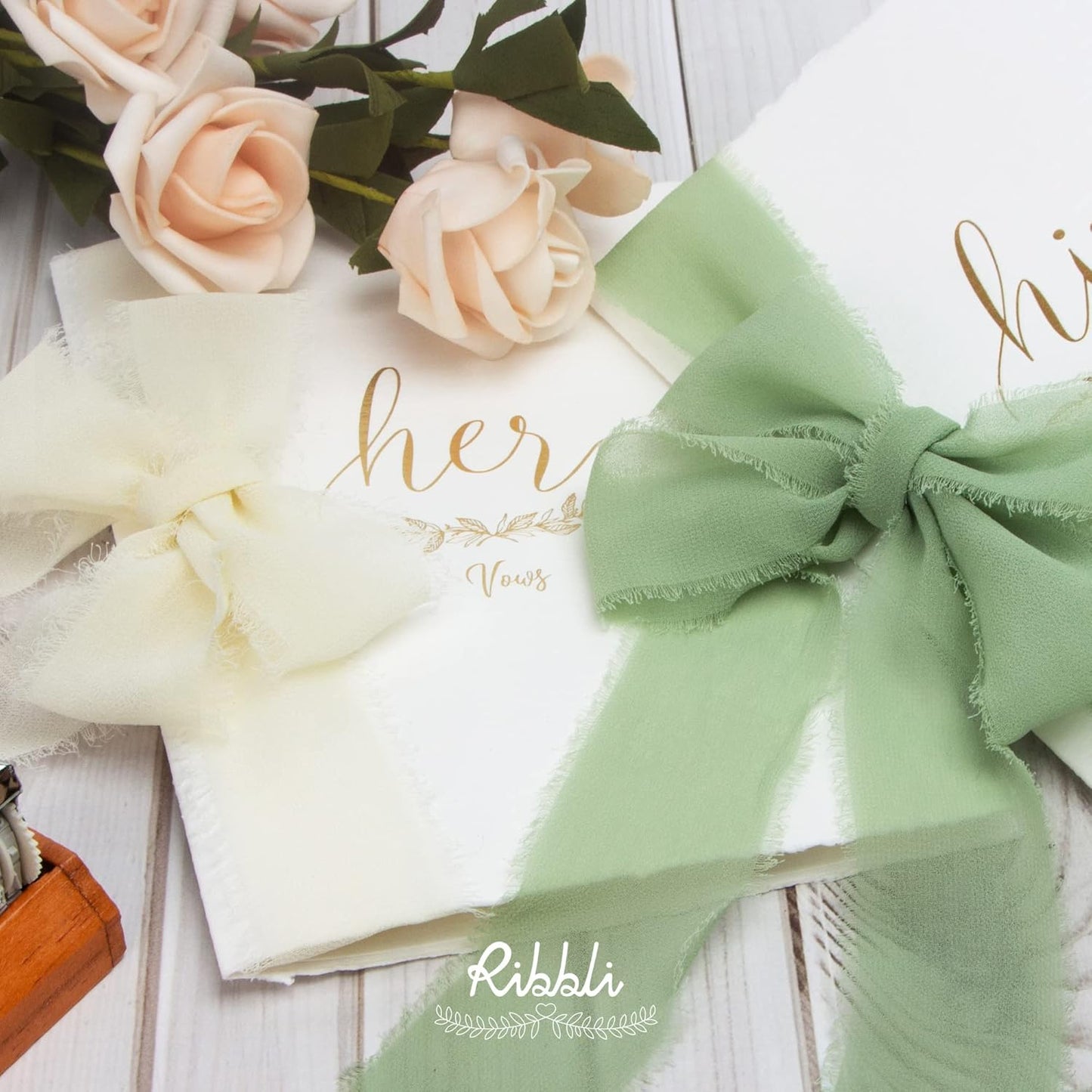 Ribbli Sage Green Chiffon Ribbon 1-1/2 inch x 30 Yard Handmade Fringe Chiffon Sage Silk, Sage for Wedding Invitations, Bridal Bouquets Wrapping, Flower Arrangement Decoration