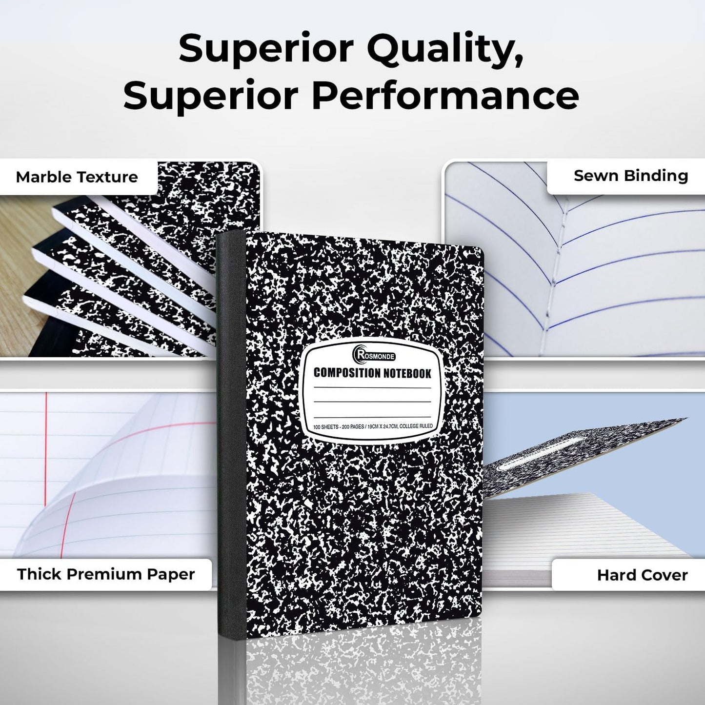 Rosmonde 12 Pack Composition Notebook College Ruled Bulk, 200 Pages (100 Sheets), 9-3/4 x 7-1/2, Hard Cover College Ruled Notebook Bulk, Black Marble Composition Notebook College Ruled, Bulk Notebooks