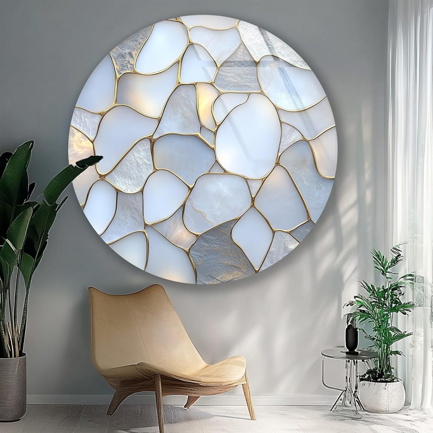 My Photostation.com 24''(60cm) Diameter White Stone Mosaic Round Glass Wall Art Tempered Glass Printing Wall Decor Large Wall Art Wall Hangings