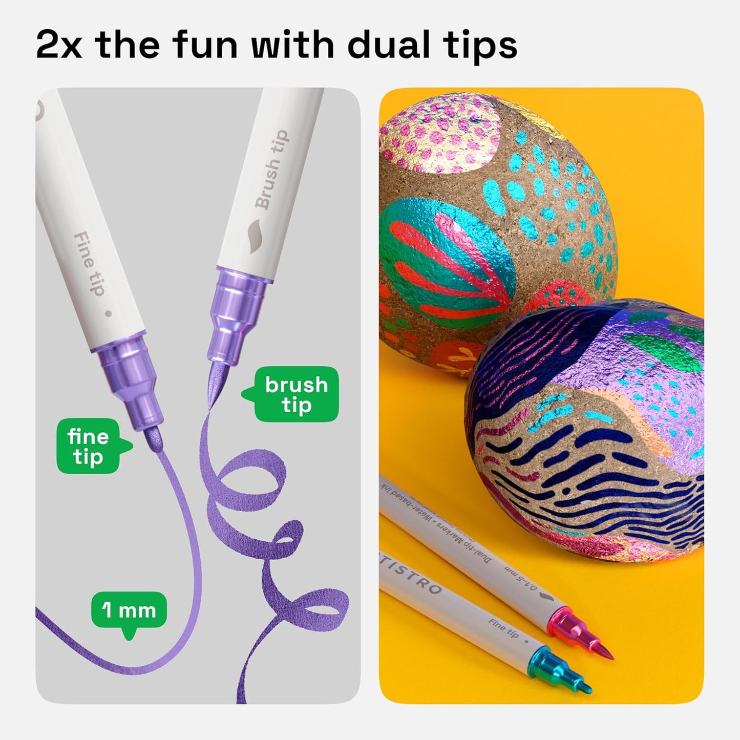 ARTISTRO 24 Metallic Dual Tip Brush + Fine Acrylic Paint Markers - Easy for All Ages & Levels Paint Pens for Fabric, Rock, Glass, DIY - Halloween Pumpkin Painting Kit, Art Supplies, Christmas Gift