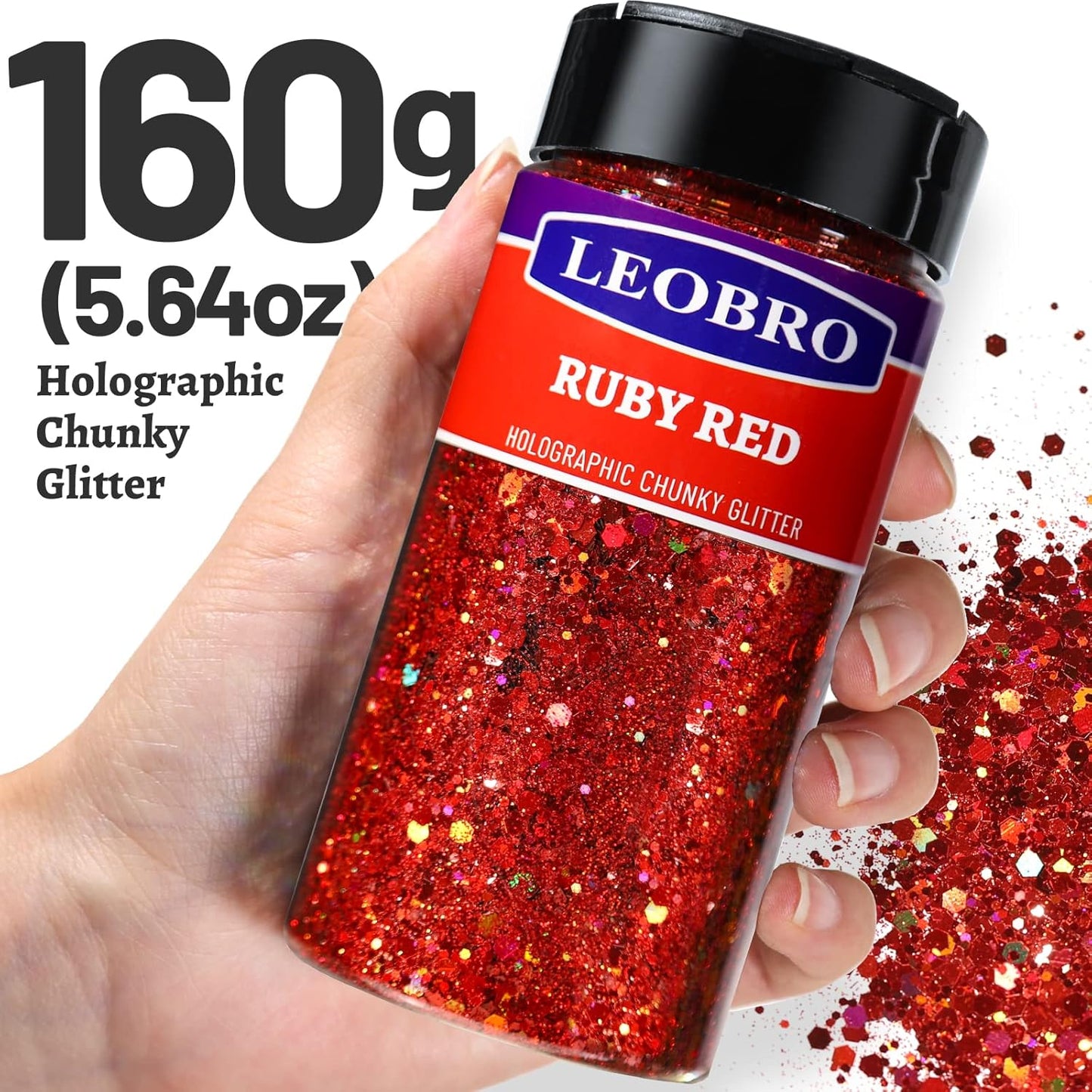 LEOBRO Red Glitter, 160g/5.64oz Holographic Chunky Glitter for Crafts, Resin, Nail Body, Tumblers, Party Decorations