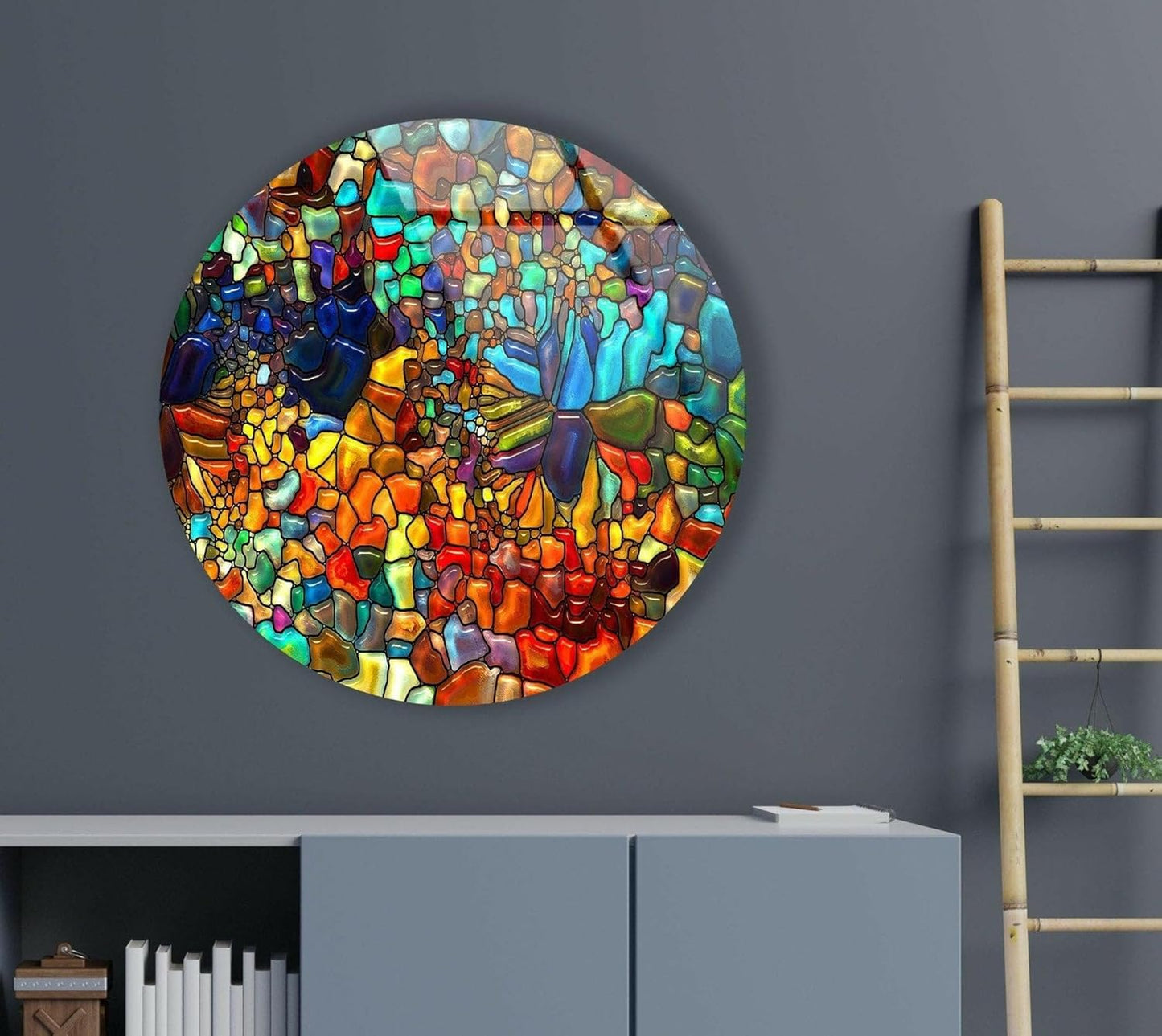 My Photostation.com 10''(25cm) Diameter Red Mosaic Round Glass Wall Art Tempered Glass Printing Wall Decor Large Wall Art Wall Hangings