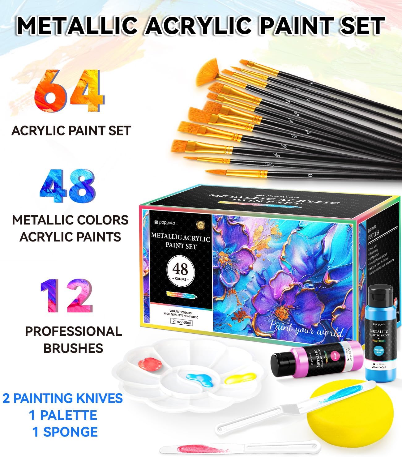 64 PCS Metallic Acrylic Paint Set with 12 Brushes, 2 Knives & Palette, 48 Colors (2oz/60ml) Art Craft Paint for Adults Kids Artists Beginners, Halloween Pumpkin Canvas Ceramic Rock Painting Kit