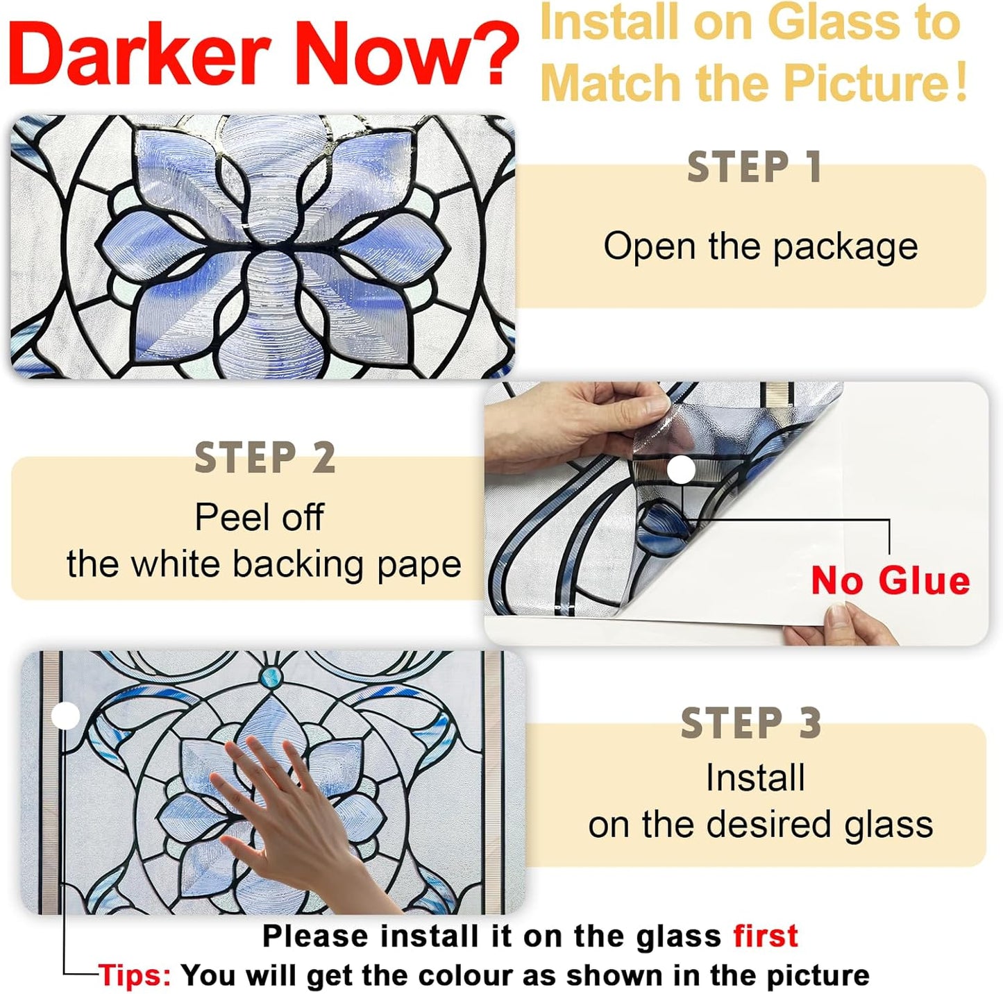 3D Stained Glass Window Privacy Film, Heat Control UV Blocking Static Cling Decorative Window Film for Bathroom,Front Door,Home Non Adhesive,16.9 x 78.7 inches Azure Bloom