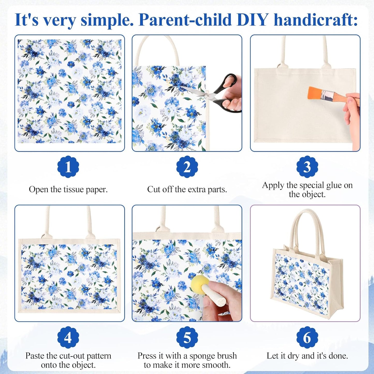 40 Pack 10 Styles Decoupage Paper Napkins, Assorted Blue and White Floral Decorative Decoupage Cocktail Napkins for Birthday Tea Party Wedding Dinner Kitchen Bathroom