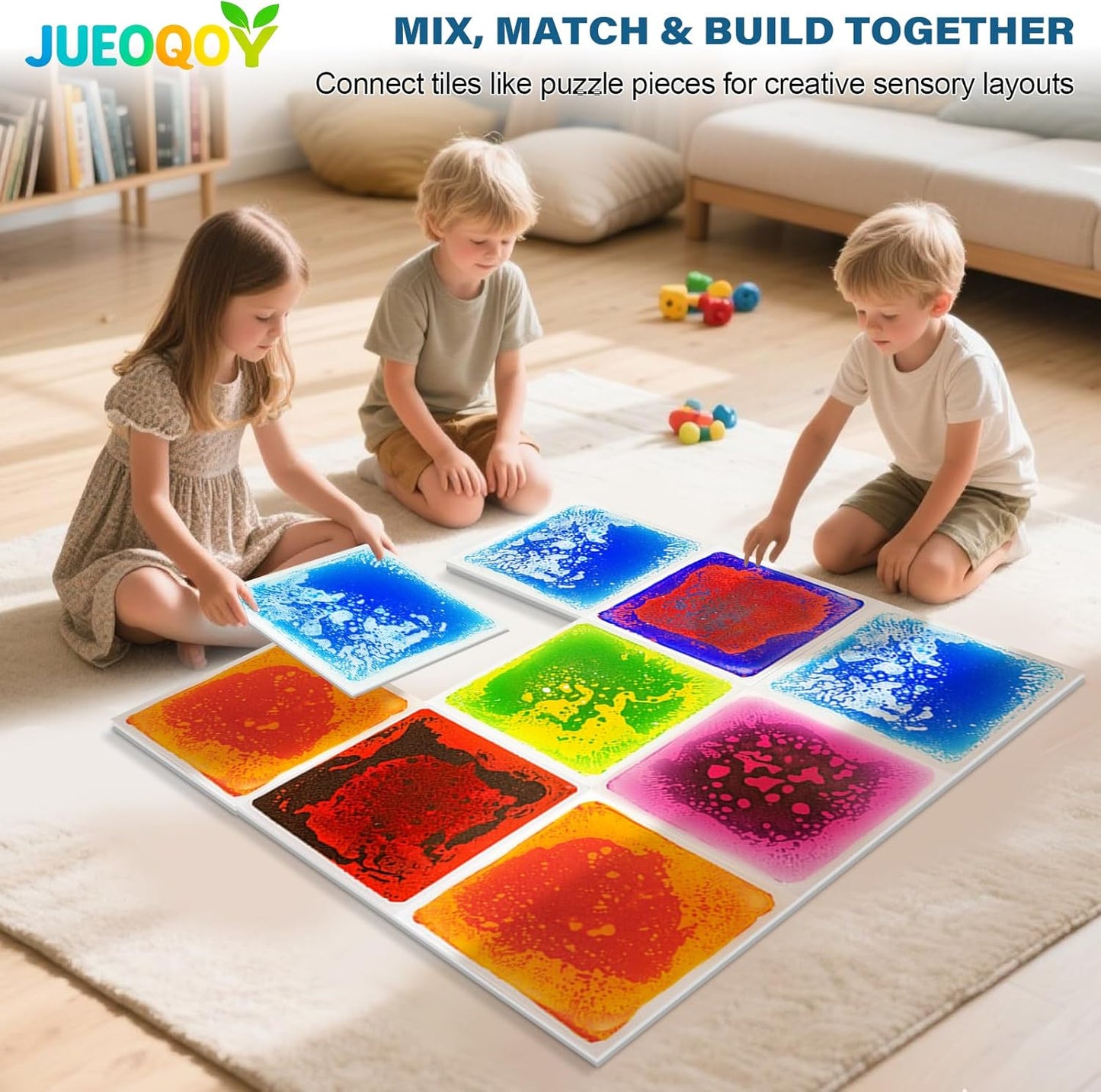 Liquid Sensory Floor Tile for Kids Ages 3+, 12" Step-On Tile with Non-Slip Base, Interactive Color-Flow, Blue, for Calm Corners (1-Pack)