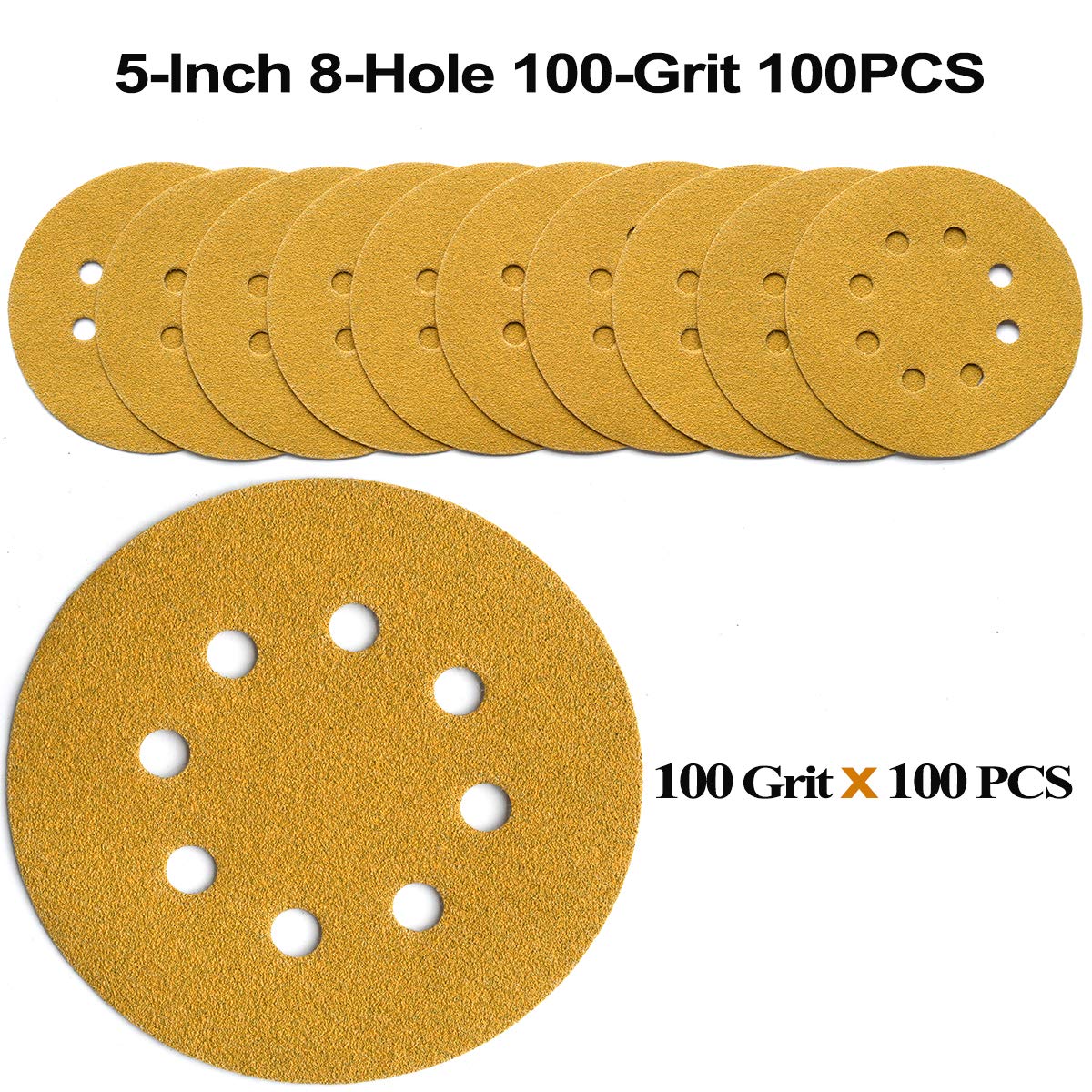 5-Inch 8-Hole Hook and Loop Sanding Discs 100-Grit Random Orbit Sandpaper, 100-Pack