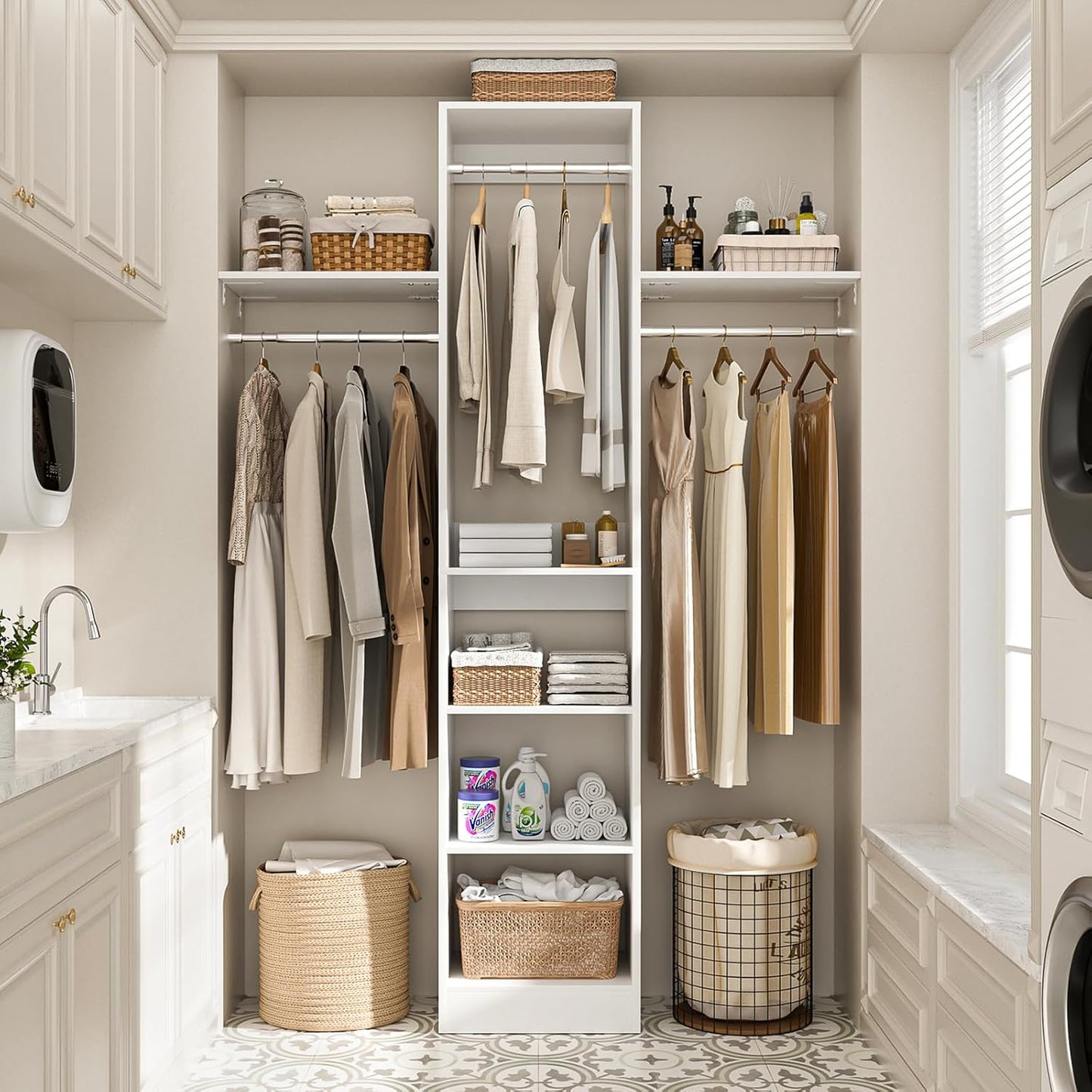 48" Small Closet Organizer, 4FT Small Closet System with 4 Closet Rods & 3 Shelves, 80"H Small Closet Organizers and Storage for Small Bedooms, Cloakrooms, Laundry Rooms, White