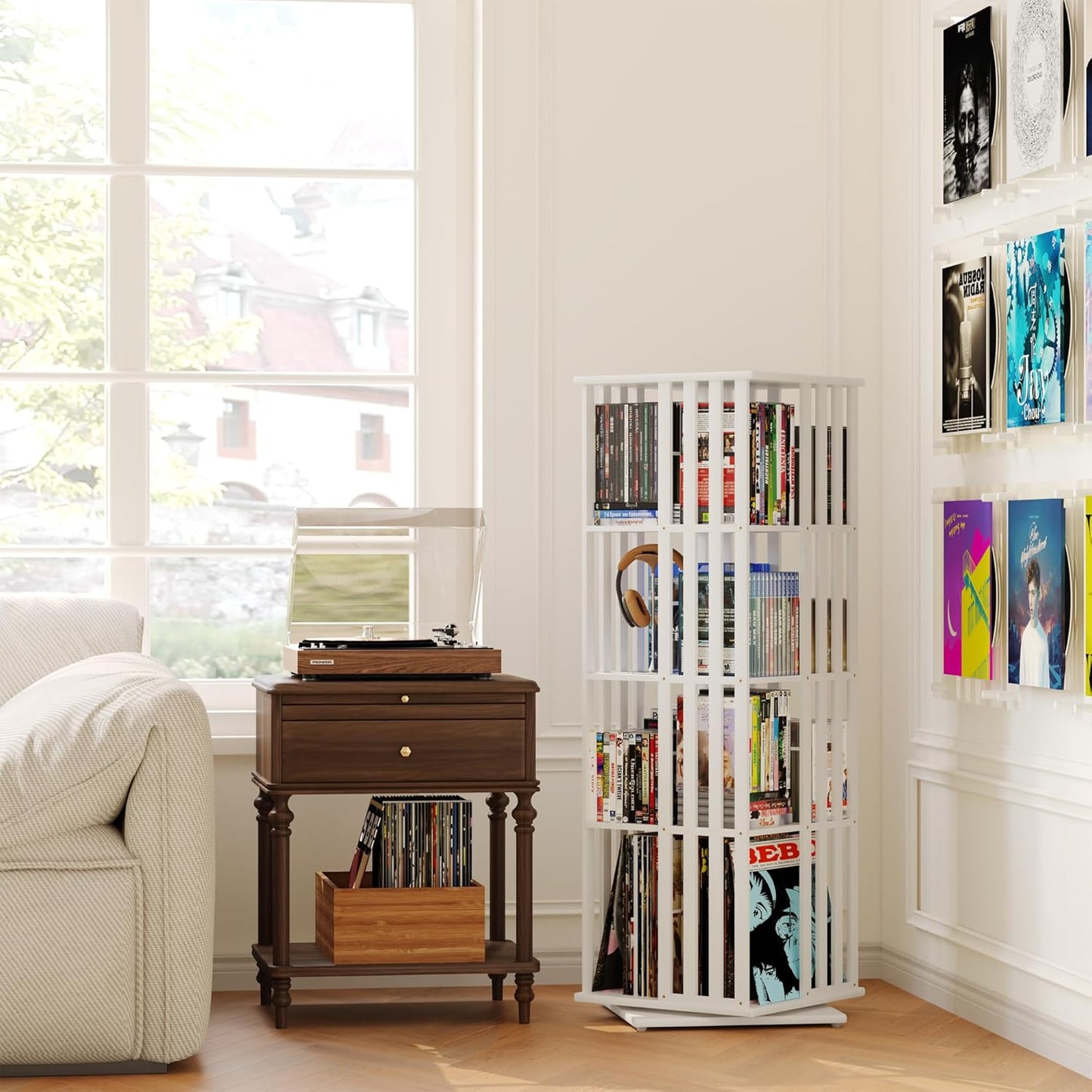 XIMN 360° Rotating Bamboo CD/DVD Shelf - 6-Tier Space-Saving Media Storage Cabinet for Movies, Organizer with Super Compact Design (White, 4 Tier)