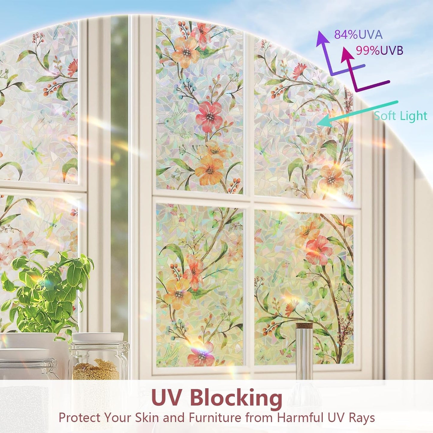 NINETREX Window Privacy Film,Stained Glass Window Film,Rainbow Decorative Stickers Static Cling Anti UV Heat Control for Home Decor (Galsang Flower,17.5 x 78.7inch)