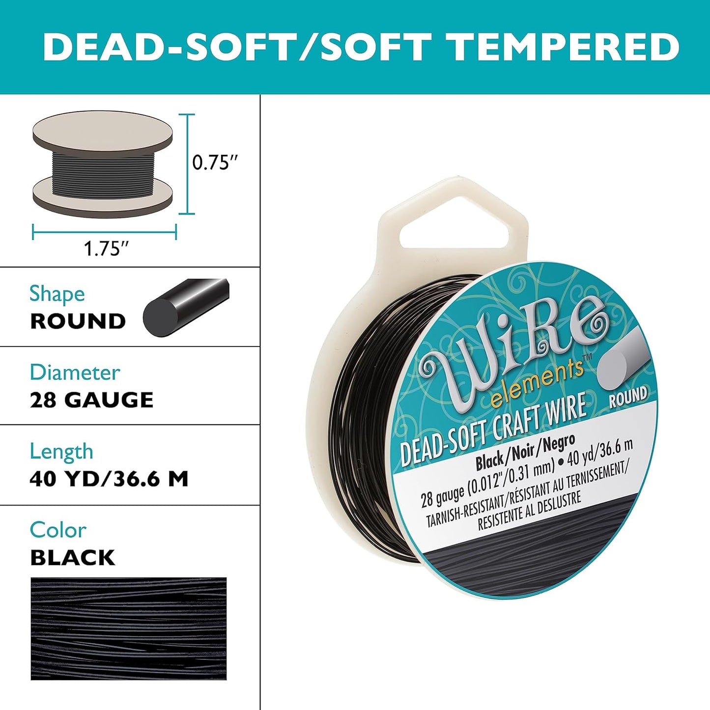 The Beadsmith Wire Elements Craft Wire – Tarnish Resistant, Soft Temper, Round, Black Color – 0.32mm, 28 Gauge, 40 Yard Spool – Jewelry Making, Wire Wrapping, Floral, & Other DIY Crafts