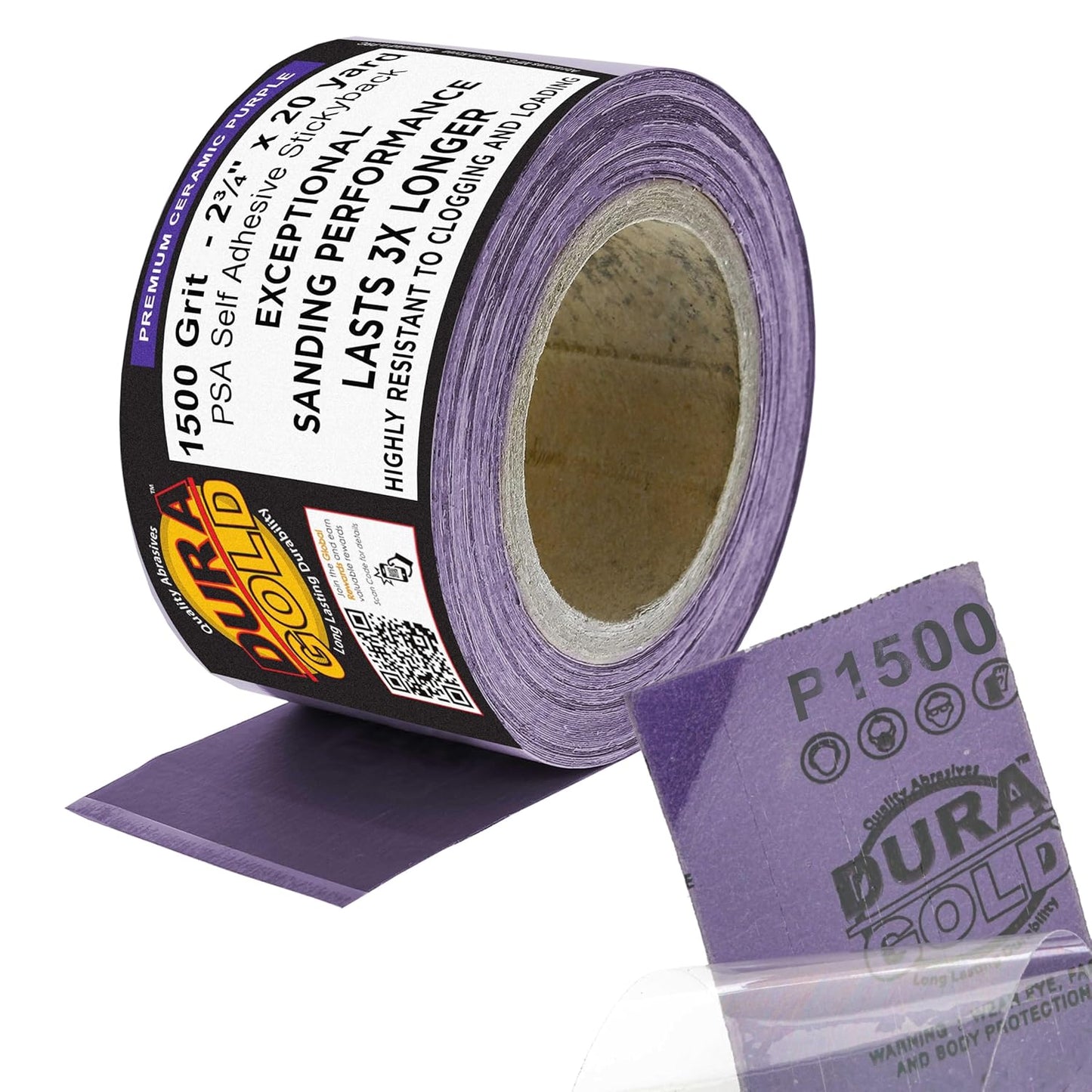 Dura-Gold Premium 1500 Grit PSA Purple Film Ceramic Longboard Sandpaper, 2-3/4" Wide Continuous 20 Yard Roll - Self Adhesive Stickyback for Auto & Wood Air File Long Board Sanders, Hand Sanding Blocks